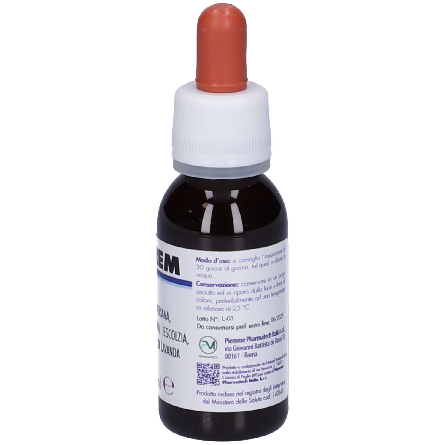 Flacone di vetro marrone con contagocce. Scritta: Biorem. Informazioni sull'uso e la conservazione. Informazioni sul produttore e logo.