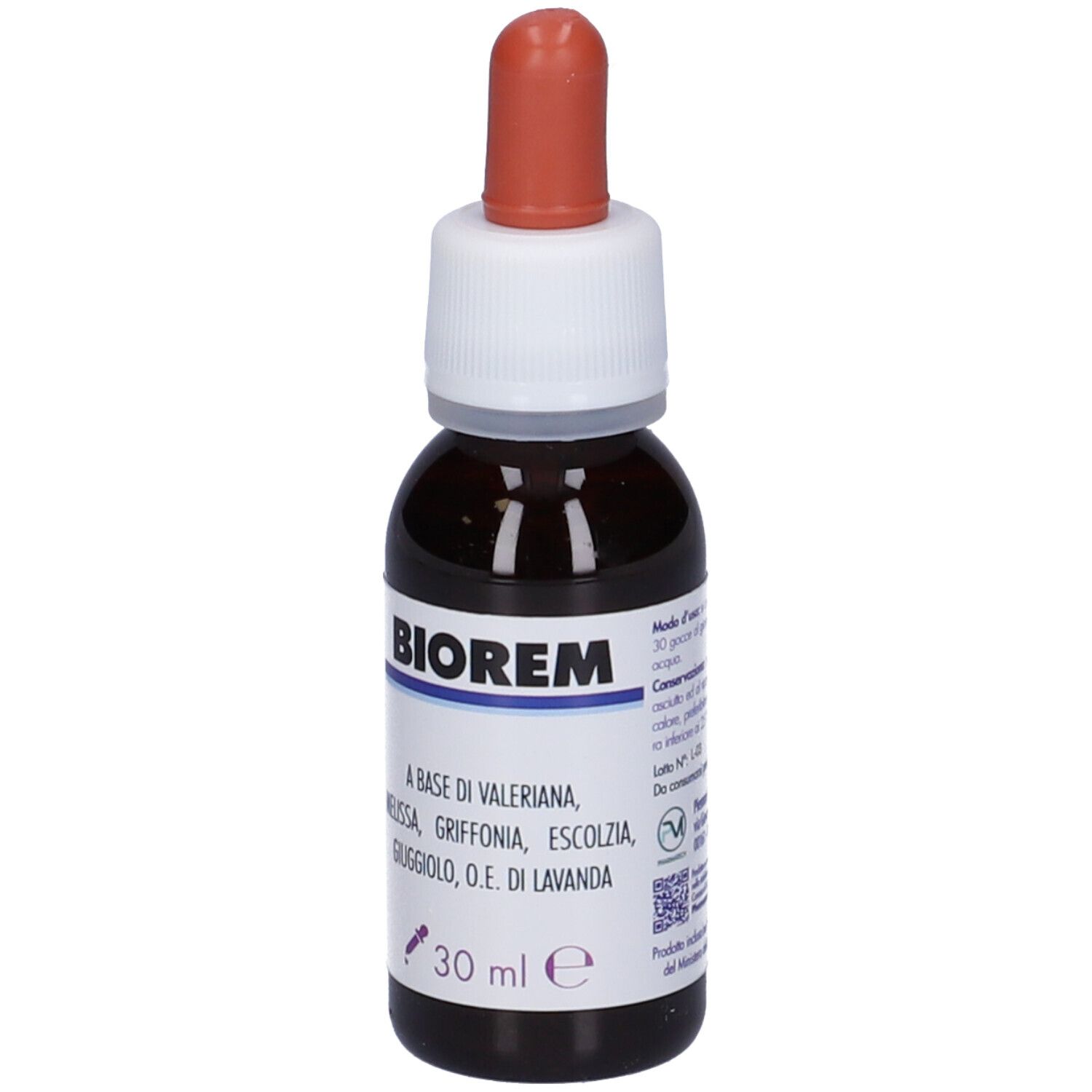 Flacone di vetro marrone con contagocce. Scritta: Biorem, 30 ml. Contiene Valeriana, Melissa, Griffonia, Escolzia, Giuggiolo, O.E. di Lavanda.