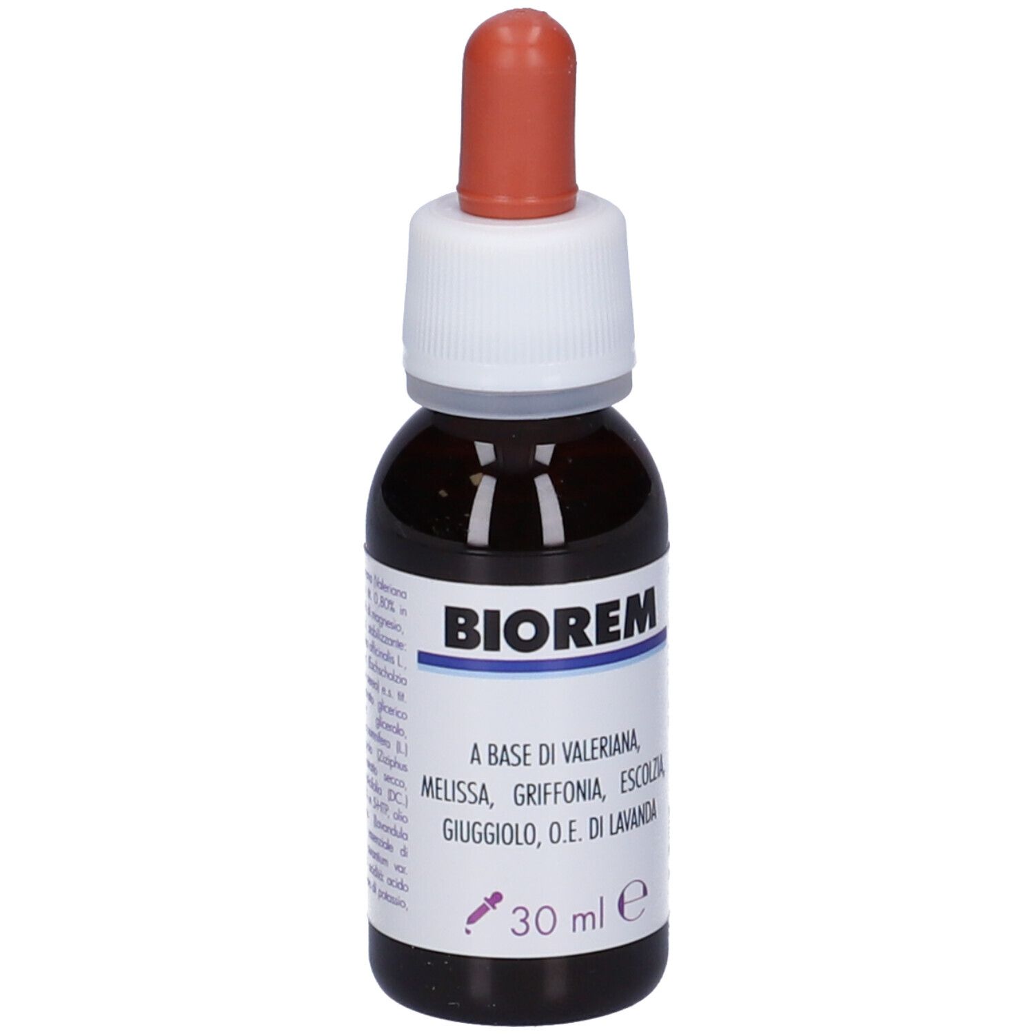 Flacone di vetro marrone con contagocce. Scritta: Biorem, 30 ml. Contiene Valeriana, Melissa, Griffonia, Escolzia, Giuggiolo, O.E. di Lavanda.