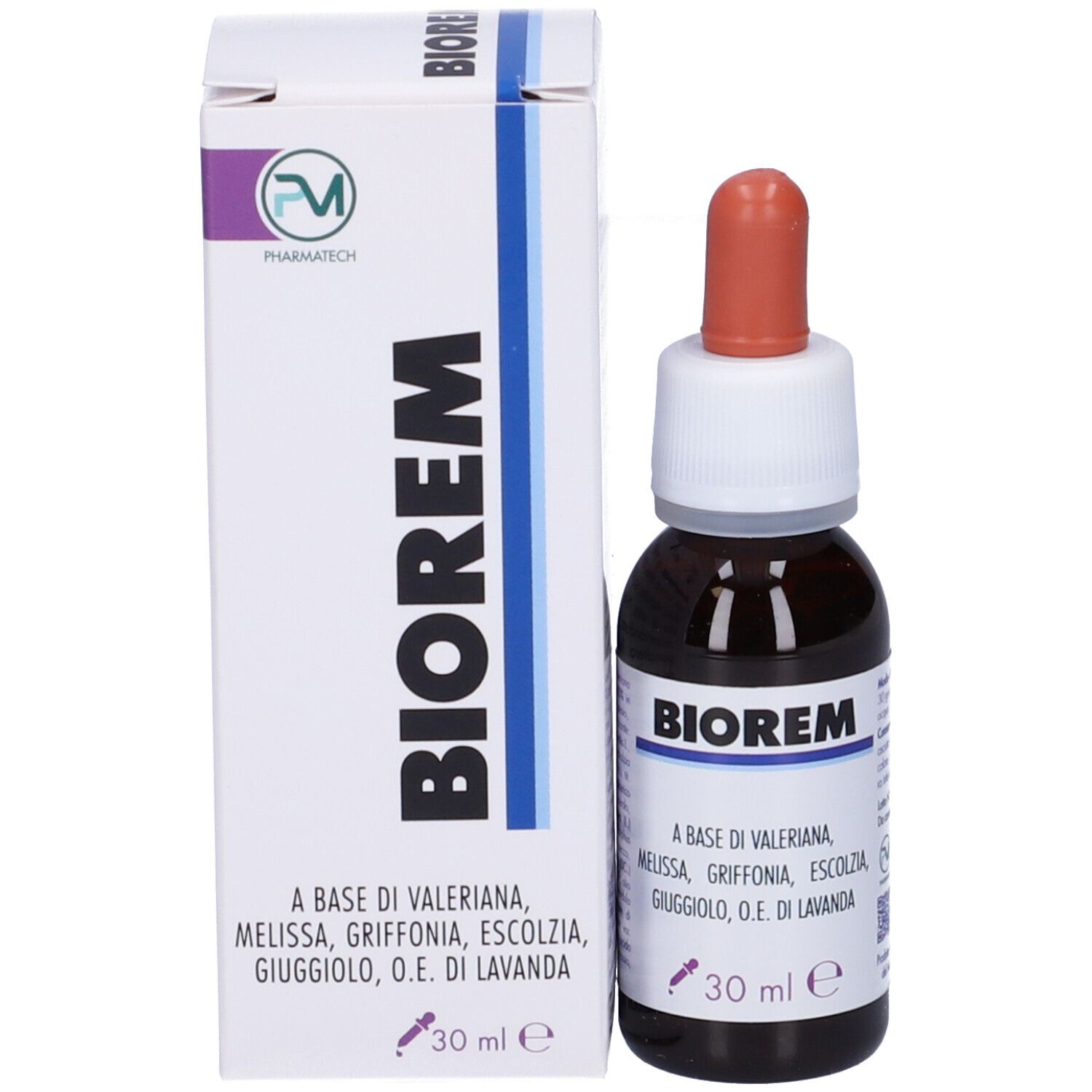 Confezione del prodotto con flacone. Scritta: Biorem. Contiene Valeriana, Melissa, Griffonia, Escolzia, Giuggiolo, O.E. di Lavanda. 30 ml.