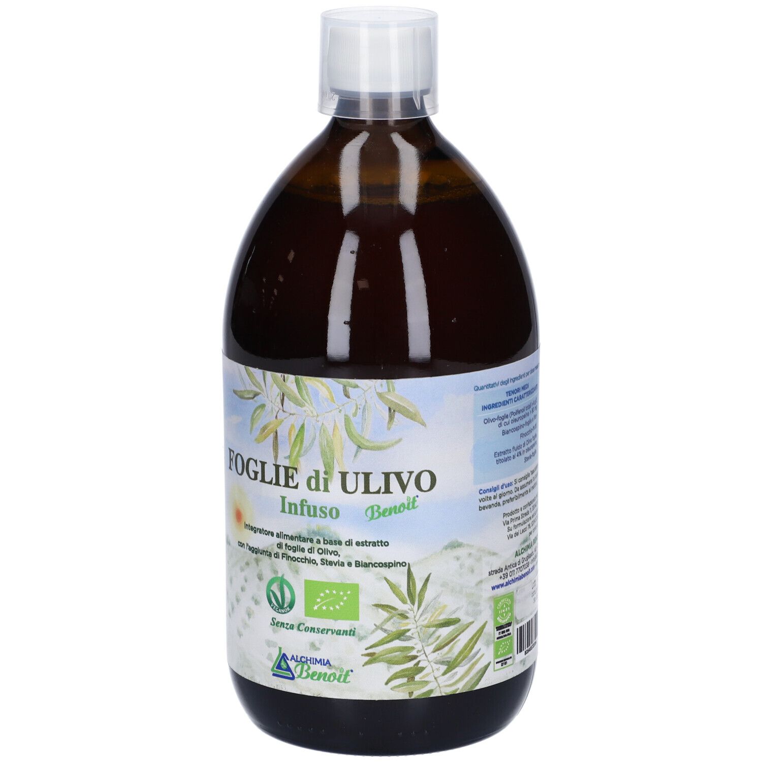 Bottiglia marrone con tappo bianco. Etichetta con nome del prodotto e marchio biologico. Marca: Benoit.