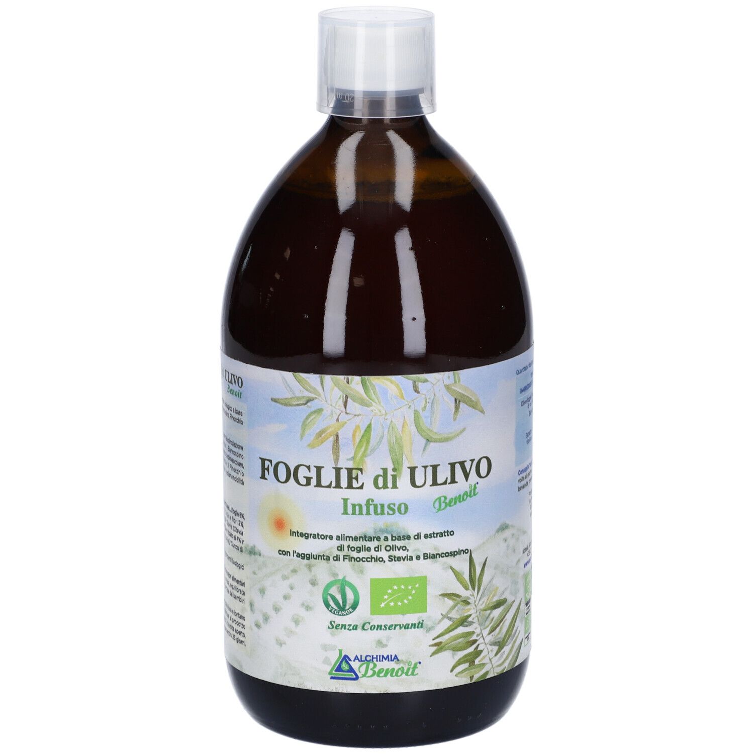 Bottiglia marrone con tappo bianco. Etichetta con nome del prodotto e marchio biologico. Marca: Benoit.