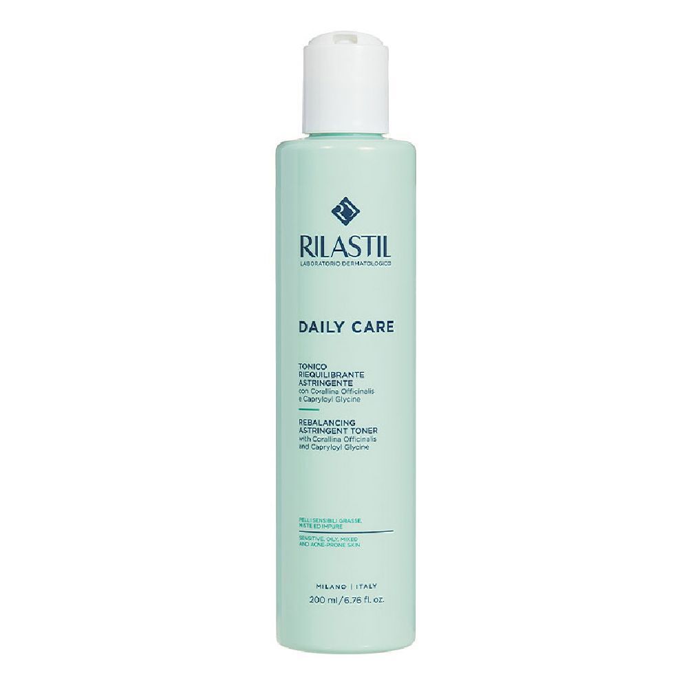 Flacone verde chiaro con tappo bianco. Scritta: RILASTIL, DAILY CARE, Tonico, 200 ml.