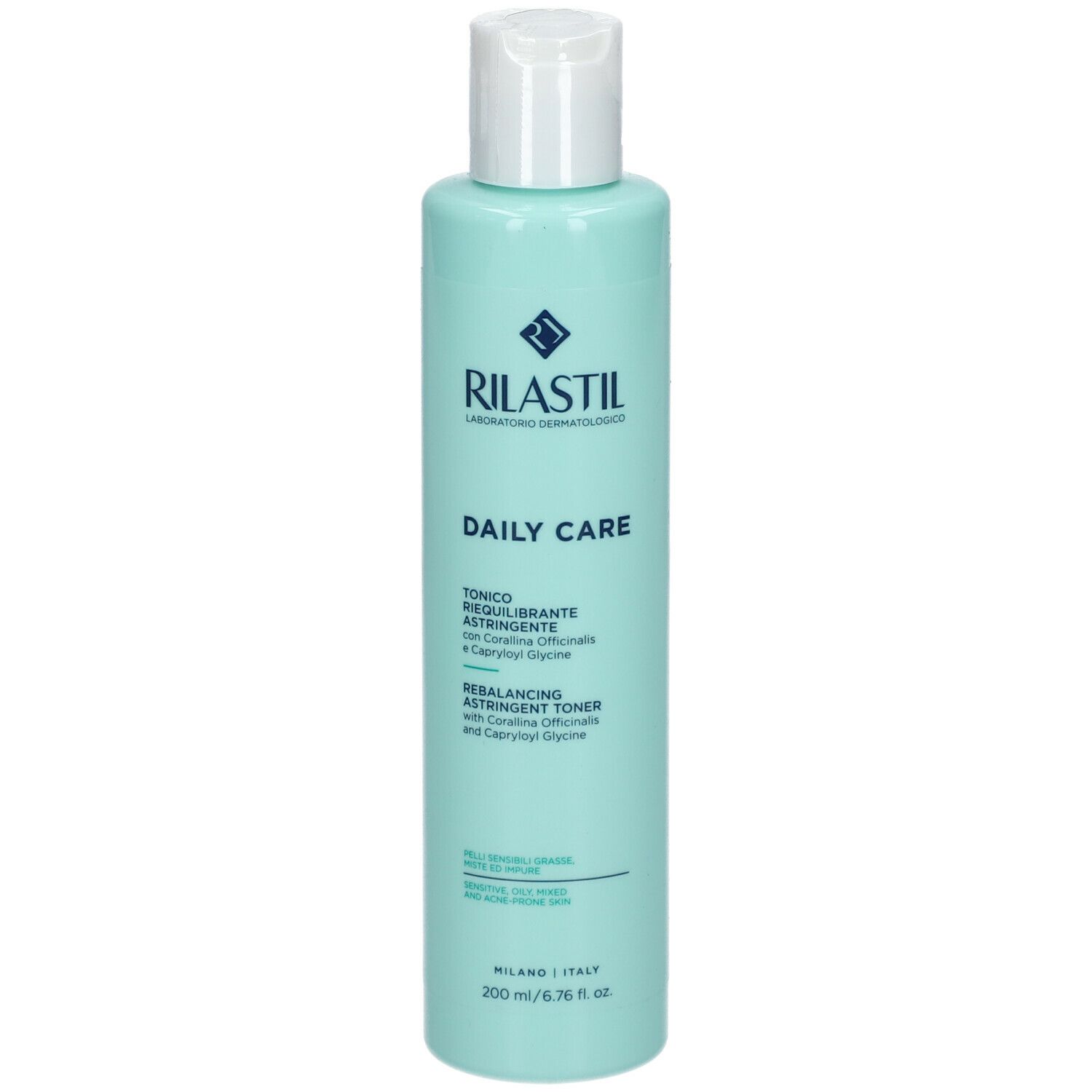 Flacone verde chiaro con tappo bianco. Scritta: RILASTIL, DAILY CARE, Tonico, 200 ml.