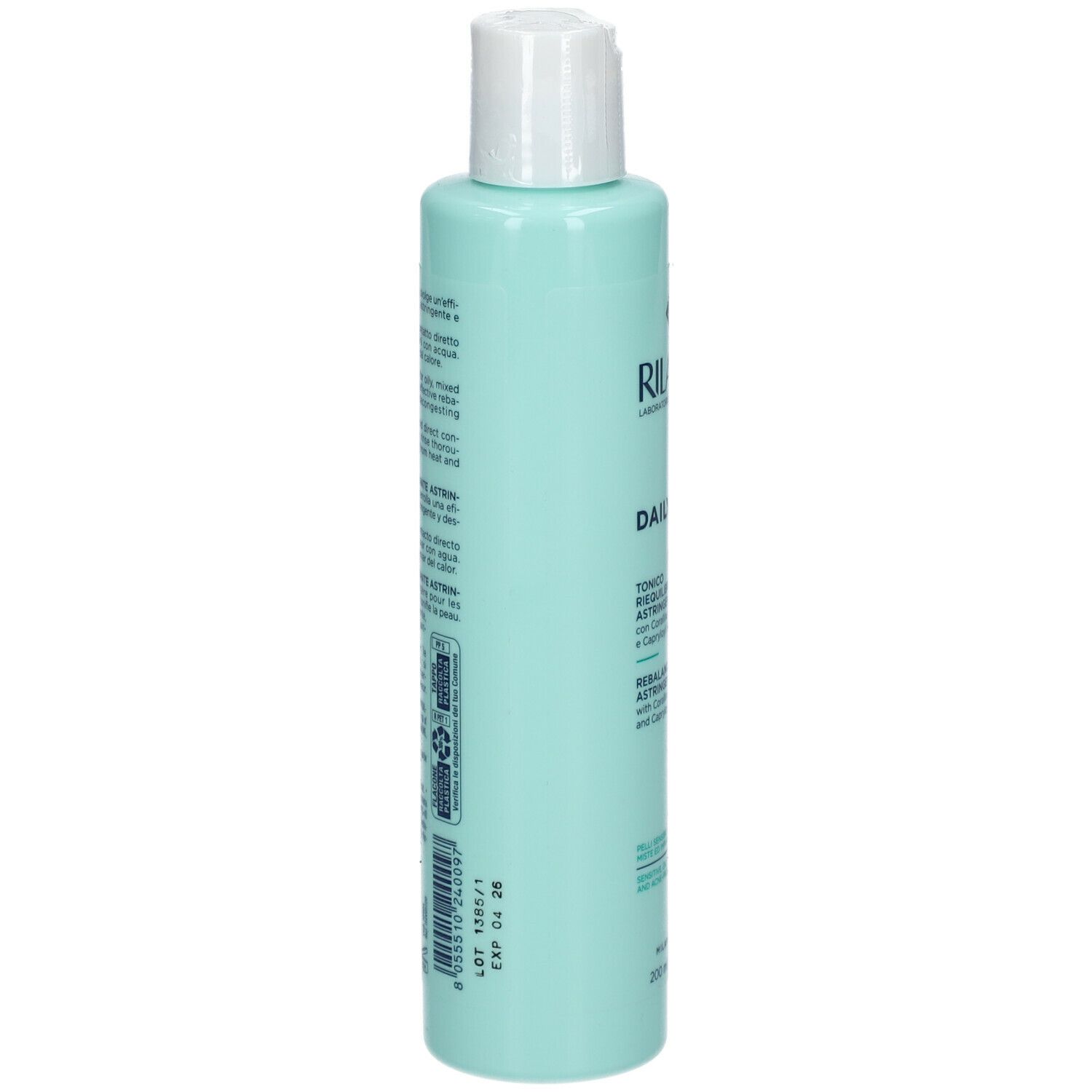 Flacone verde chiaro con tappo bianco. Scritta: RILASTIL, DAILY CARE, Tonico, 200 ml. Testo sul retro.