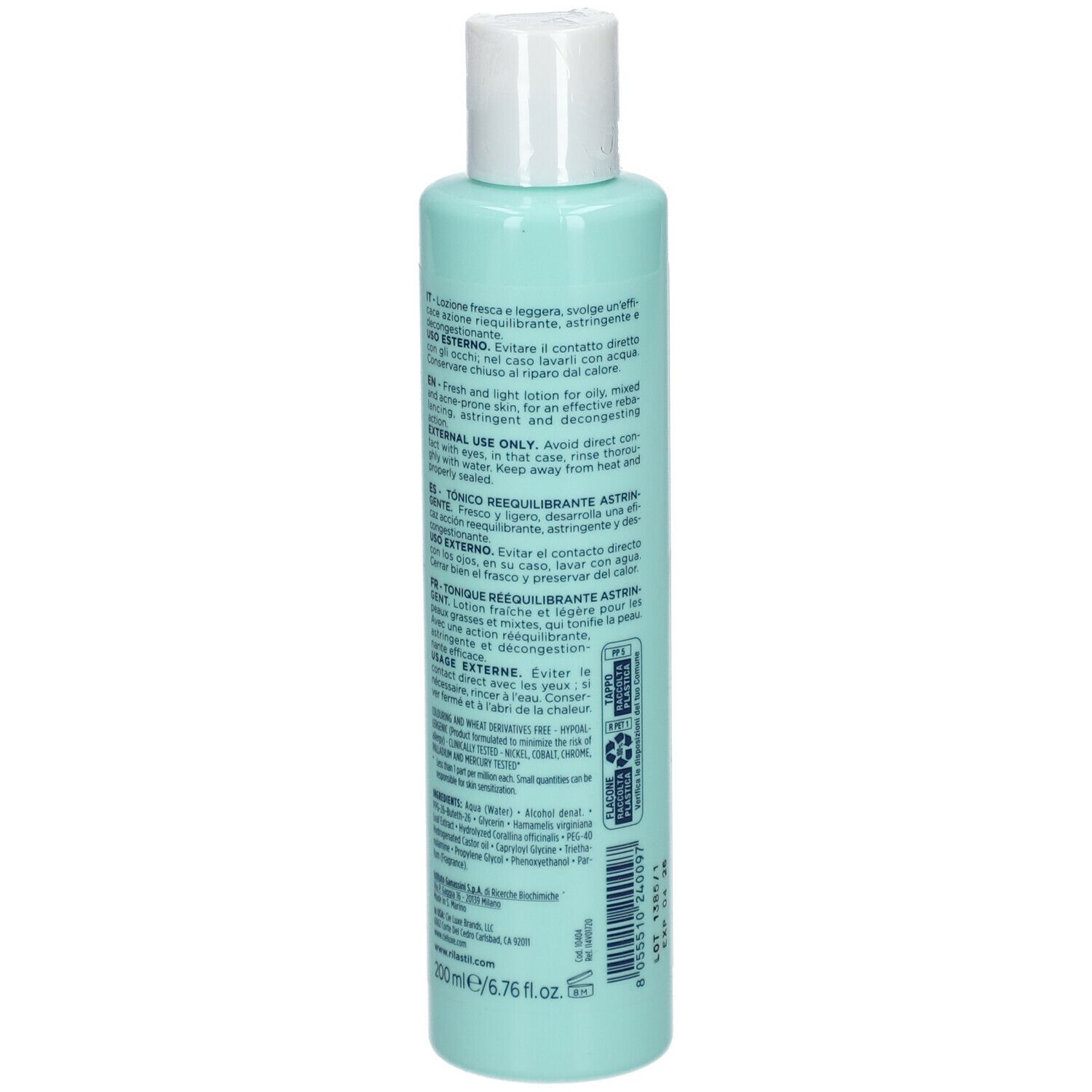 Flacone verde chiaro con tappo bianco. Scritta: RILASTIL, DAILY CARE, Tonico, 200 ml. Testo sul retro.