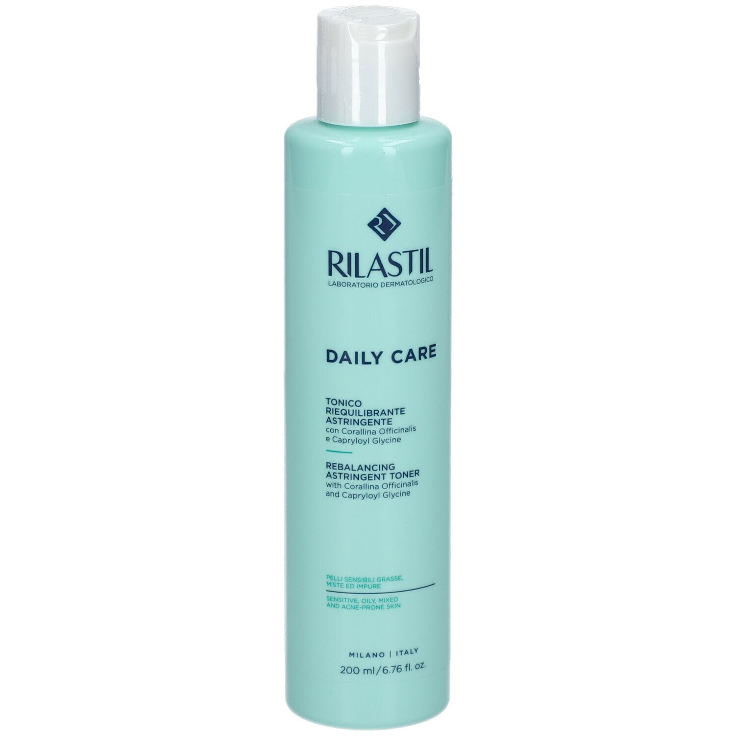 Flacone verde chiaro con tappo bianco. Scritta: RILASTIL, DAILY CARE, Tonico, 200 ml.