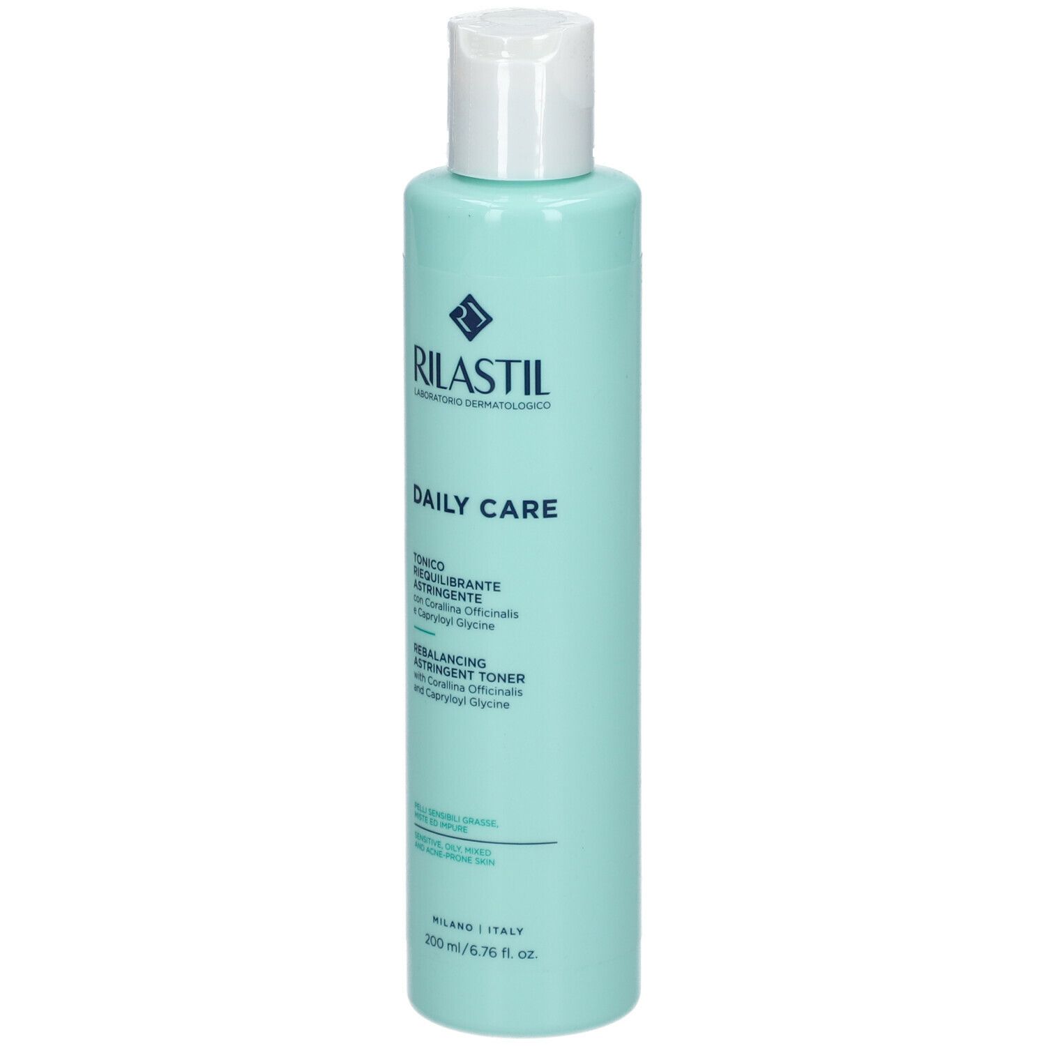 Flacone verde chiaro con tappo bianco. Scritta: RILASTIL, DAILY CARE, Tonico, 200 ml.