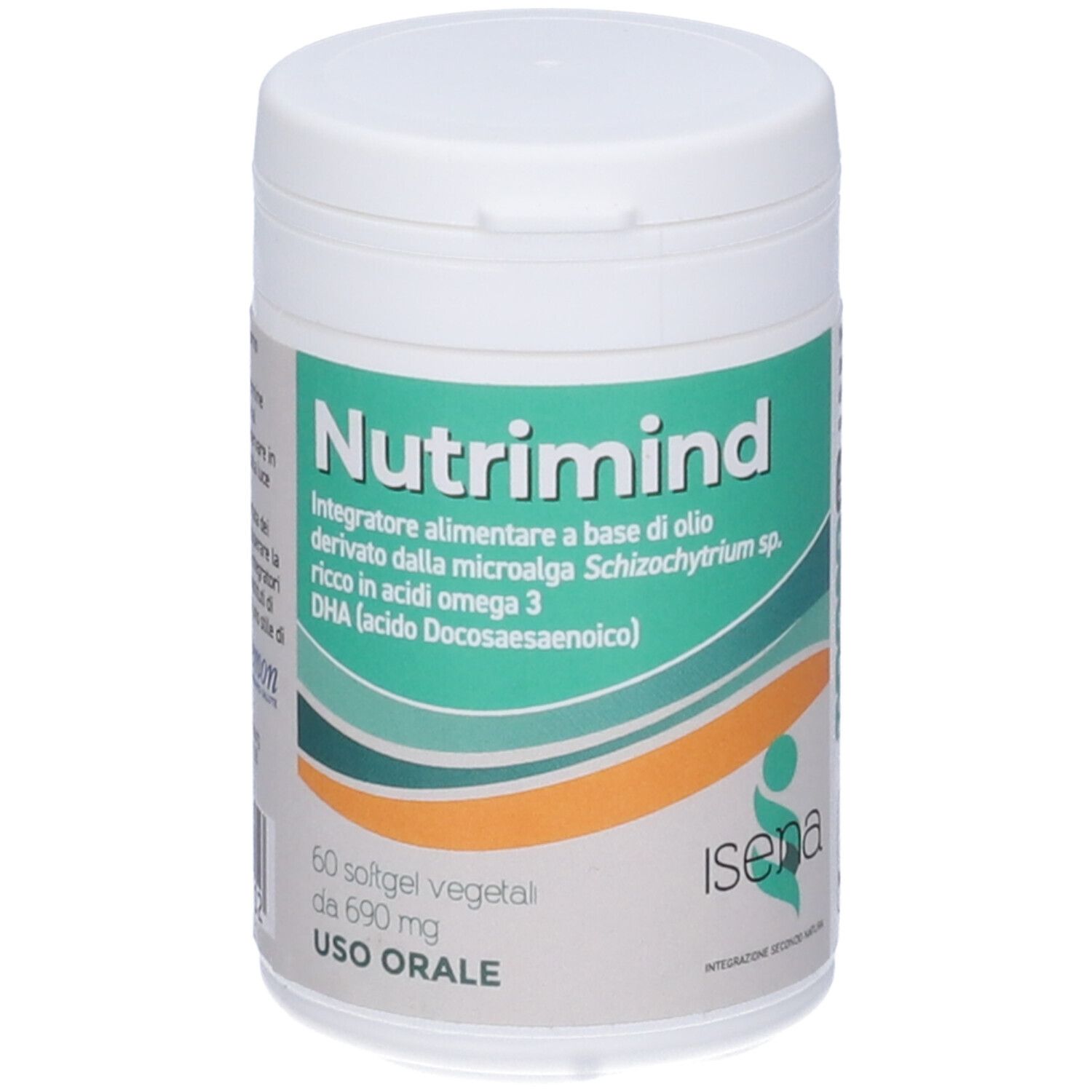 Barattolo bianco con etichetta verde. Scritta Nutrimind. 60 softgel vegetali. Marchio ISENA.
