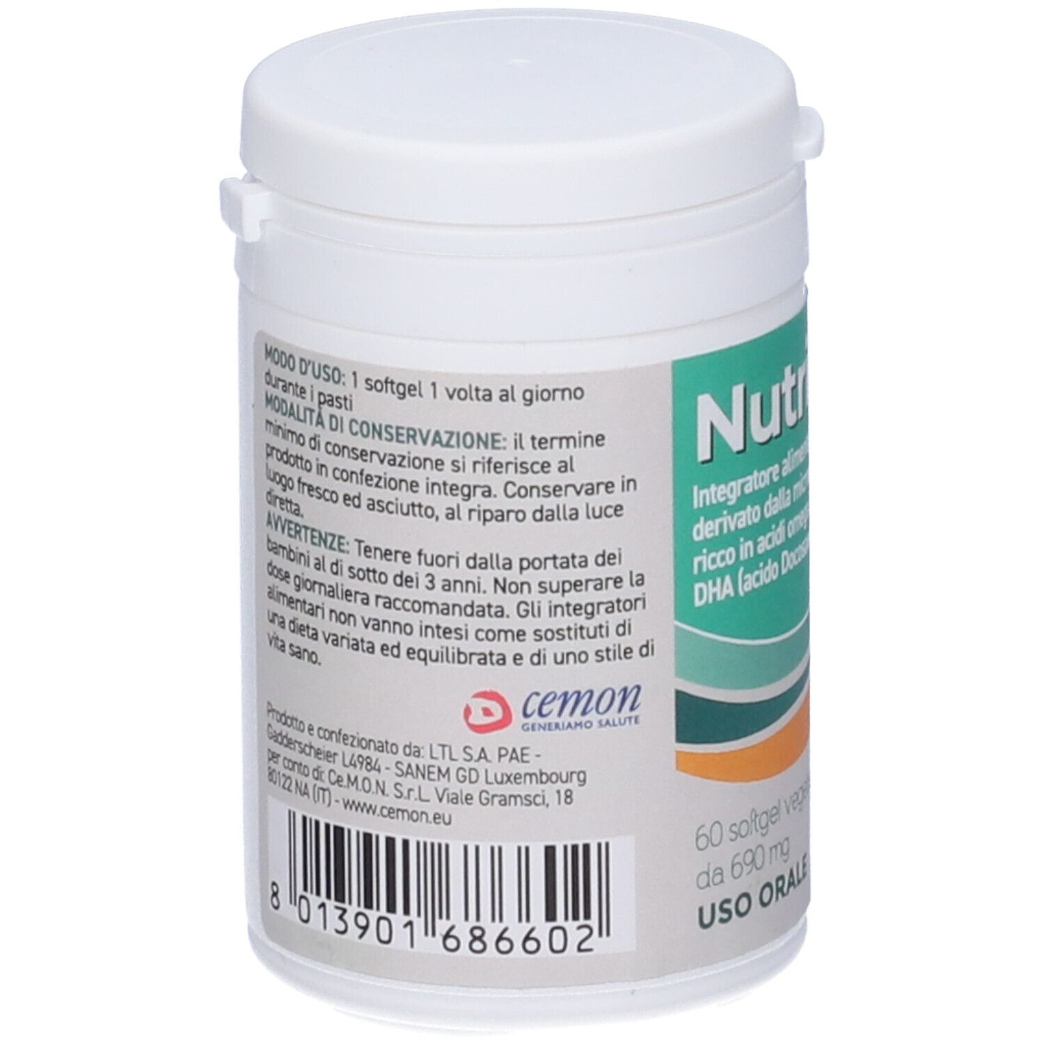 Barattolo bianco con etichetta verde. Scritta Nutrimind. 60 softgel vegetali. Marchio ISENA.