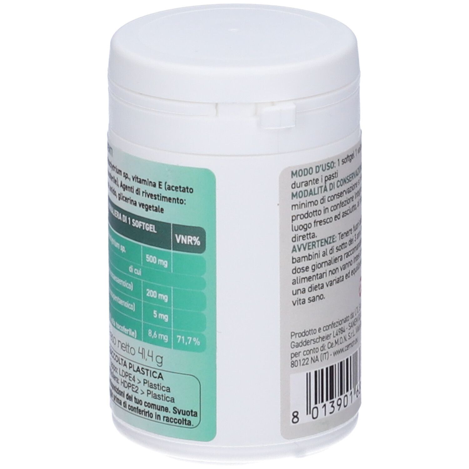 Barattolo bianco con etichetta verde. Scritta Nutrimind. 60 softgel vegetali. Marchio ISENA.