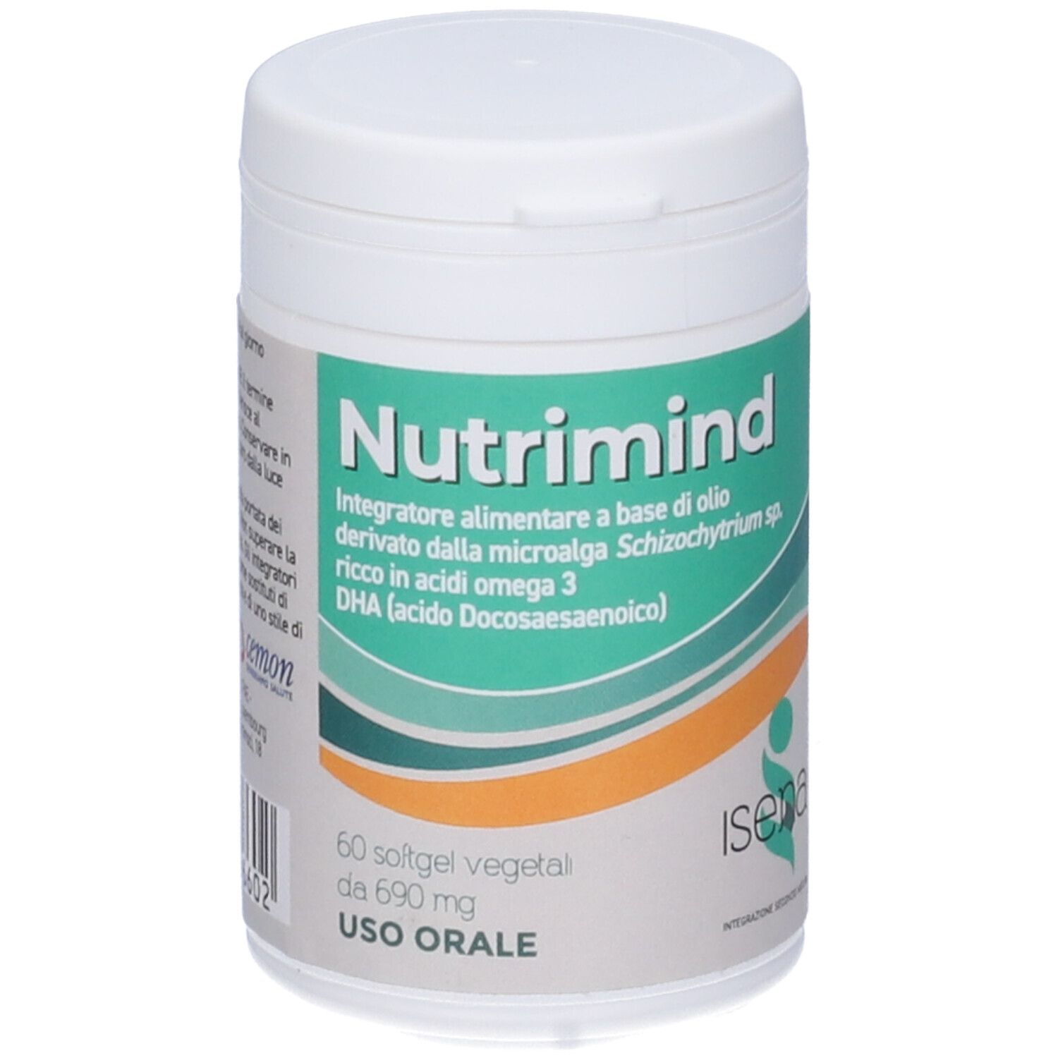 Barattolo bianco con etichetta verde. Scritta Nutrimind. 60 softgel vegetali. Marchio ISENA.