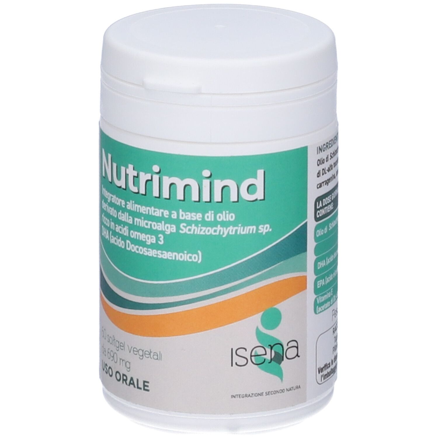 Barattolo bianco con etichetta verde. Scritta Nutrimind. 60 softgel vegetali. Marchio ISENA.