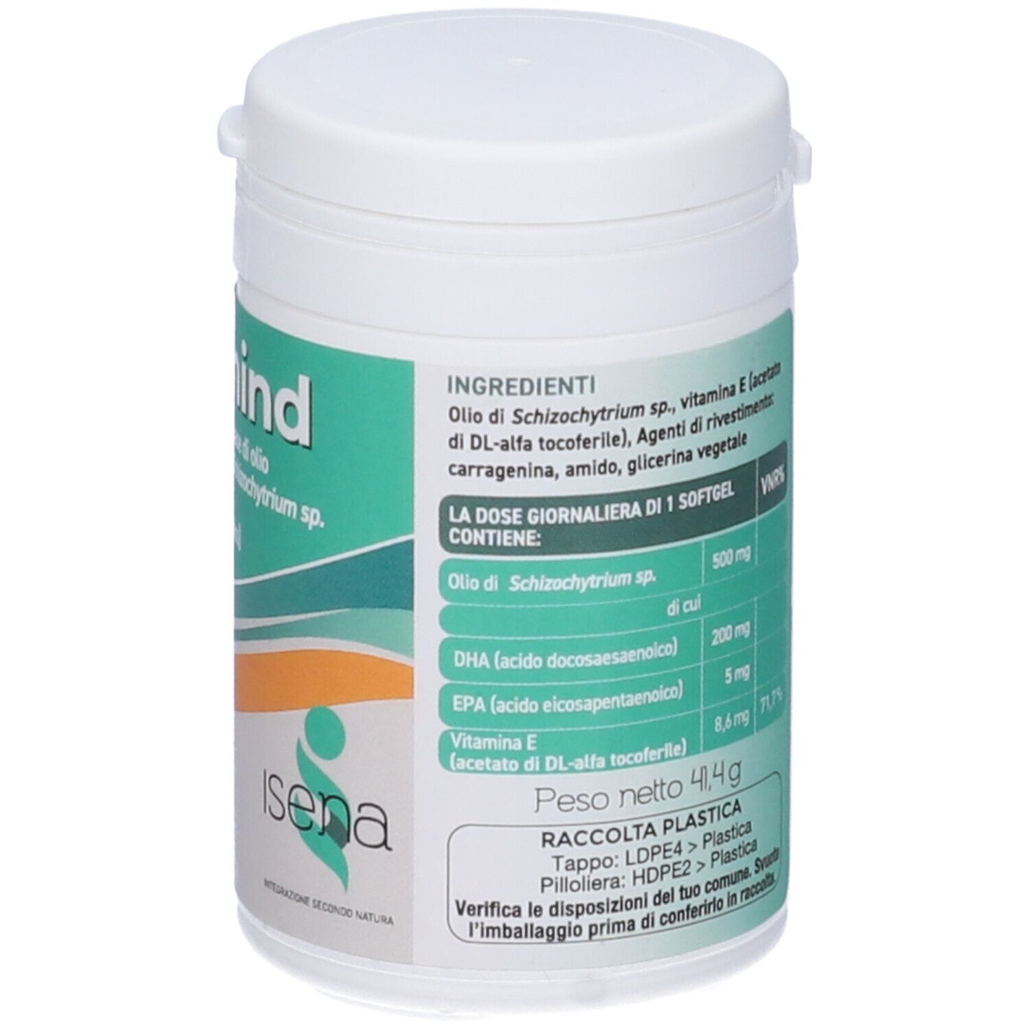 Barattolo bianco con etichetta verde. Scritta Nutrimind. 60 softgel vegetali. Marchio ISENA.