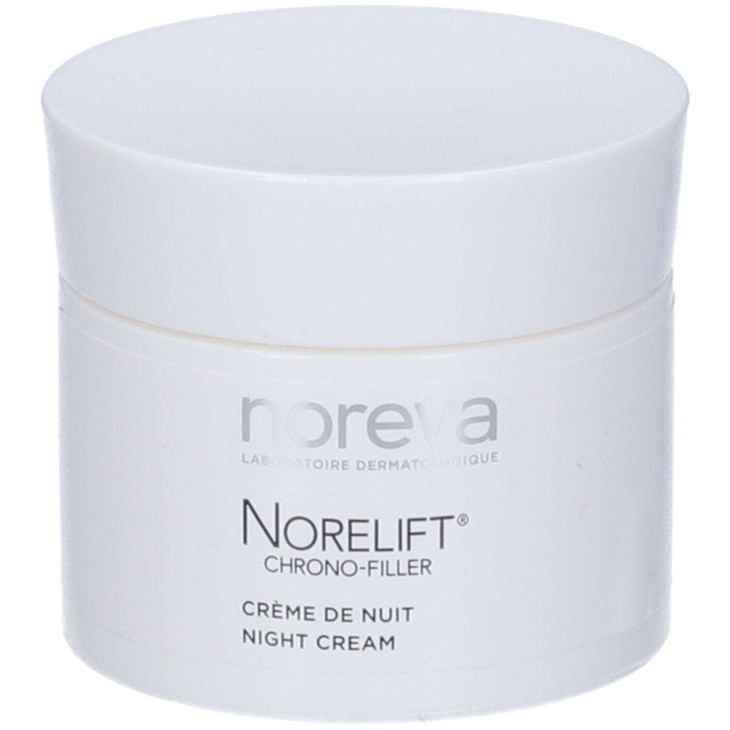 Vaso bianco con coperchio. Scritta: Noreva, Norelift, Crème de Nuit, Night Cream.