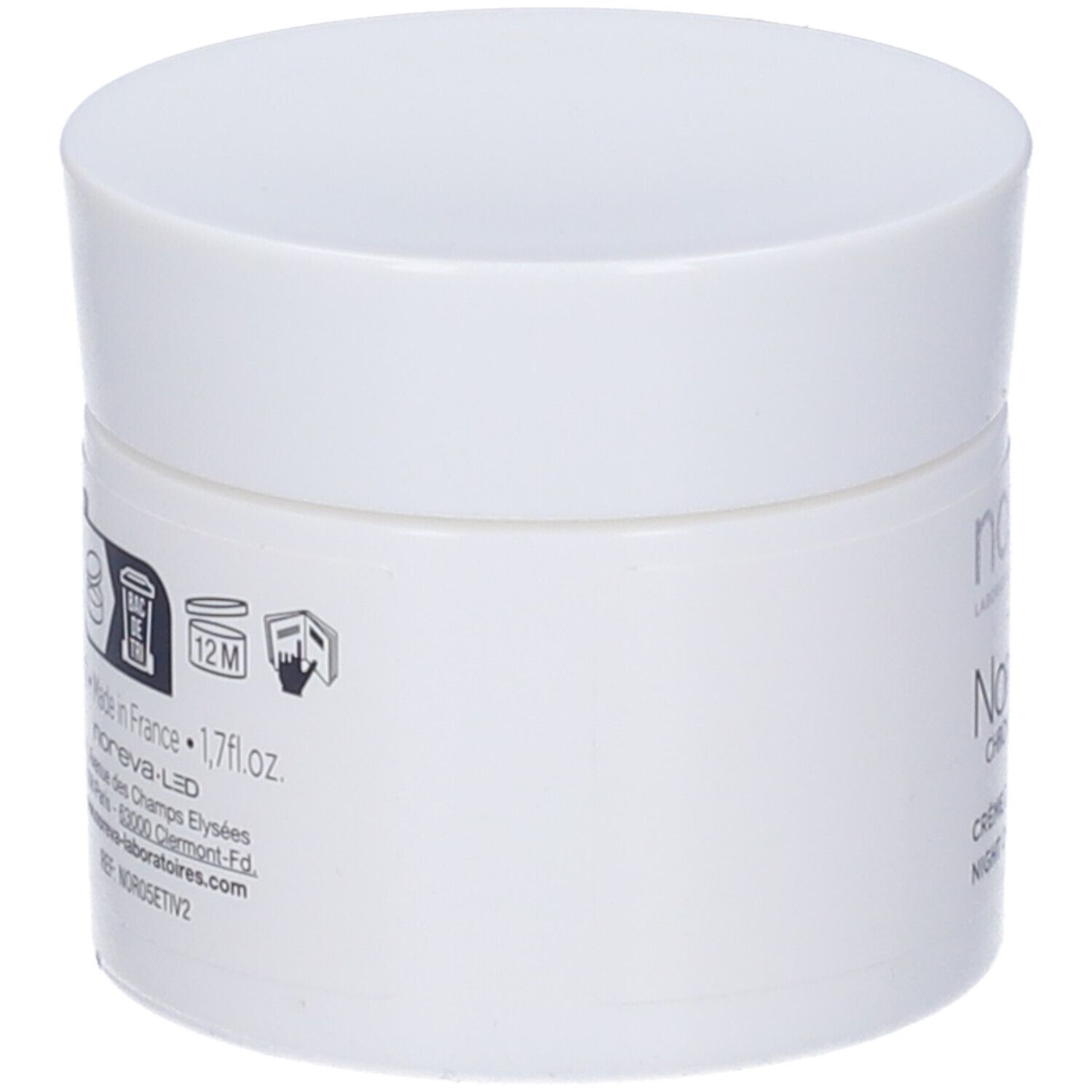 Vaso bianco con coperchio. Scritta: Noreva, Crème de Nuit, Night Cream. Retro con testo e simboli.
