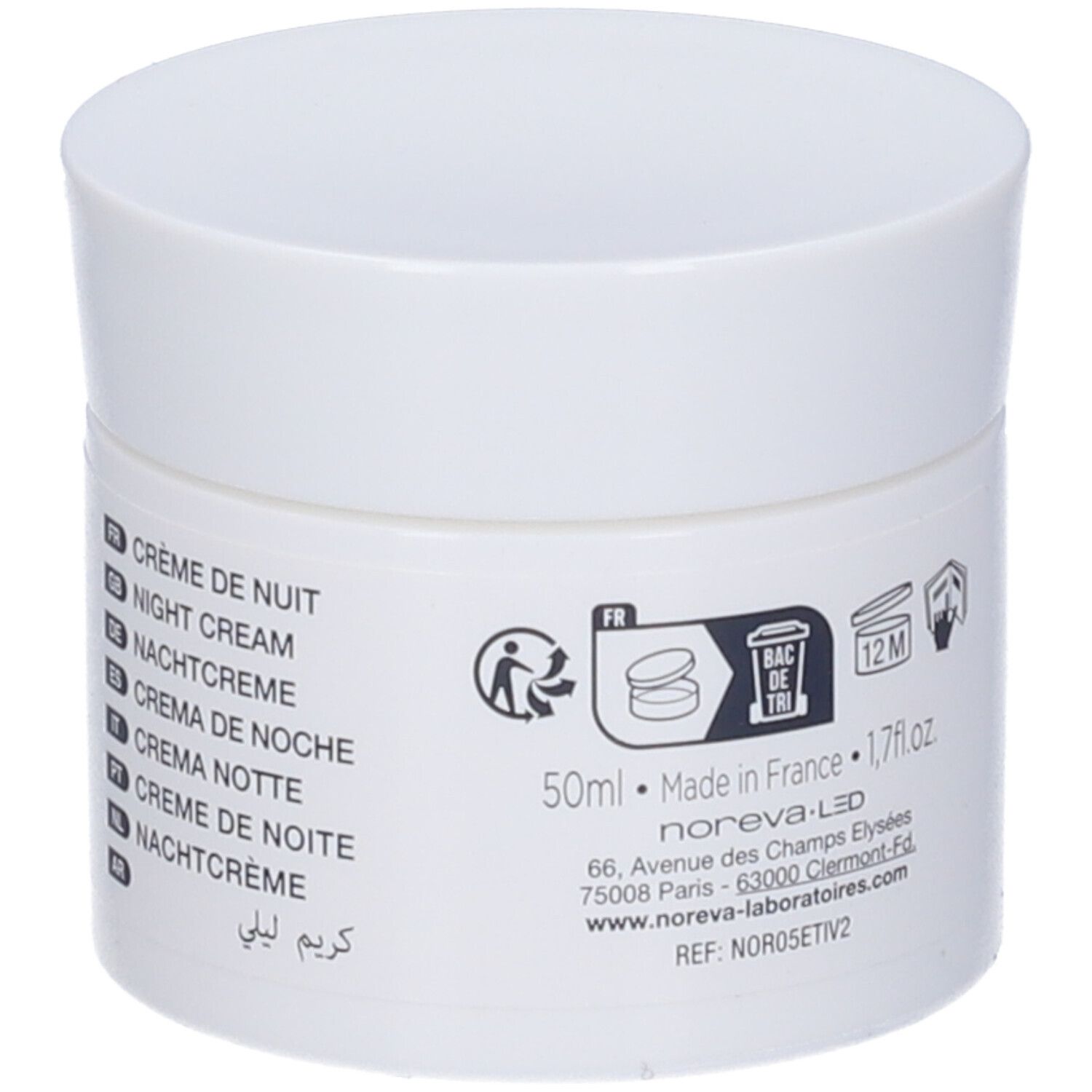 Vaso bianco con coperchio. Scritta: Noreva, Crème de Nuit, Night Cream. Retro con testo e simboli.