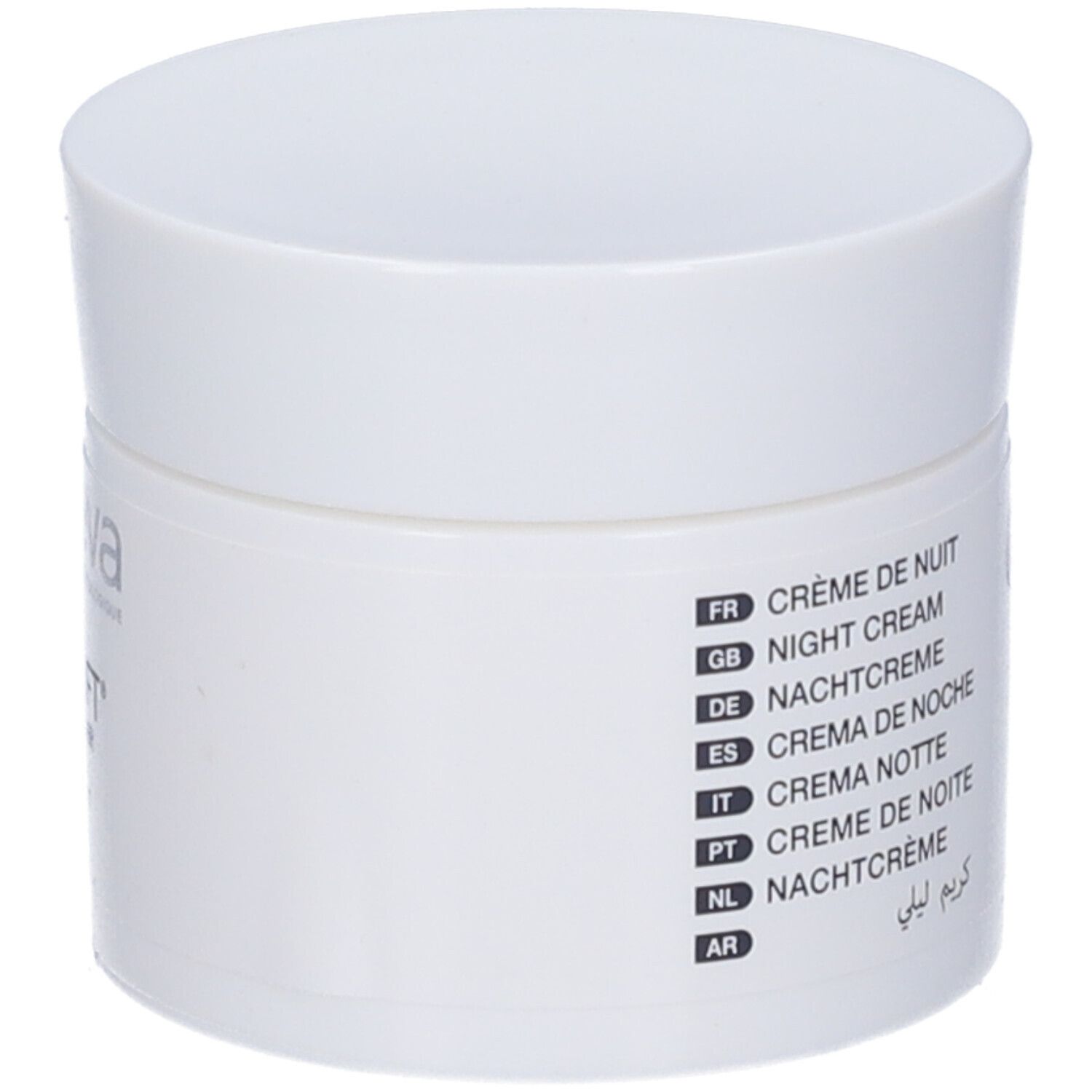 Vaso bianco con coperchio. Scritta: Noreva, Crème de Nuit, Night Cream. Retro con testo e simboli.