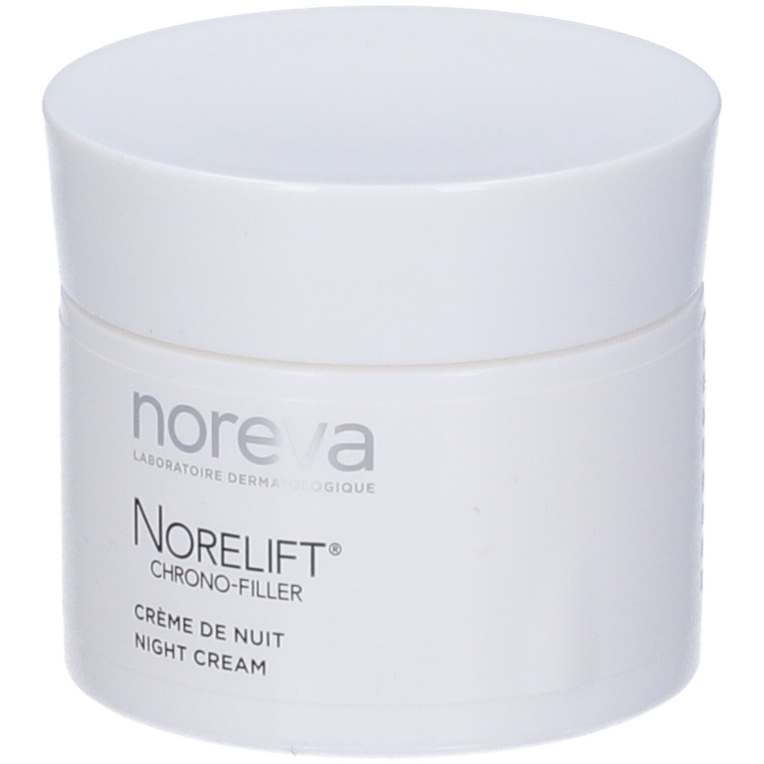 Vaso bianco con coperchio. Scritta: Noreva, Norelift, Crème de Nuit, Night Cream.