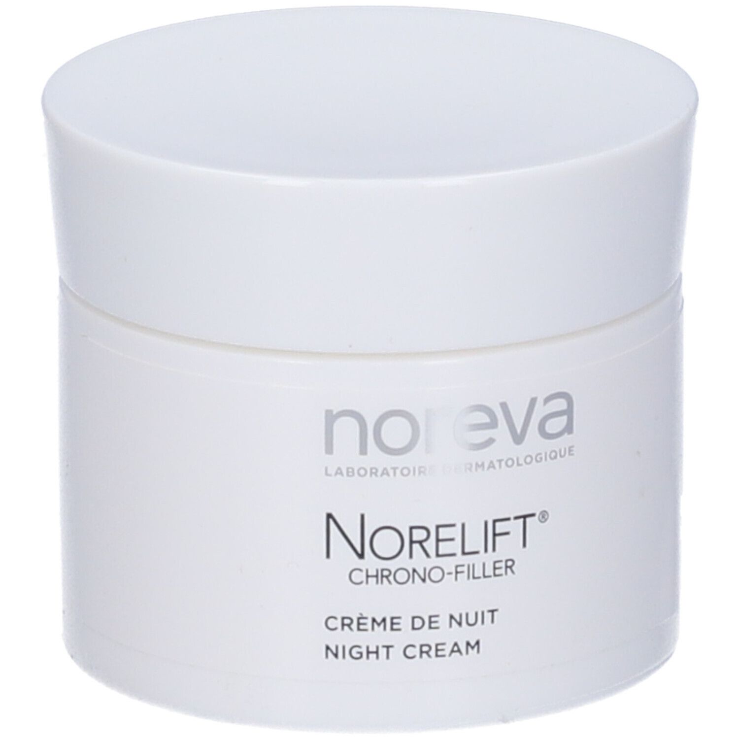 Vaso bianco con coperchio. Scritta: Noreva, Norelift, Crème de Nuit, Night Cream.