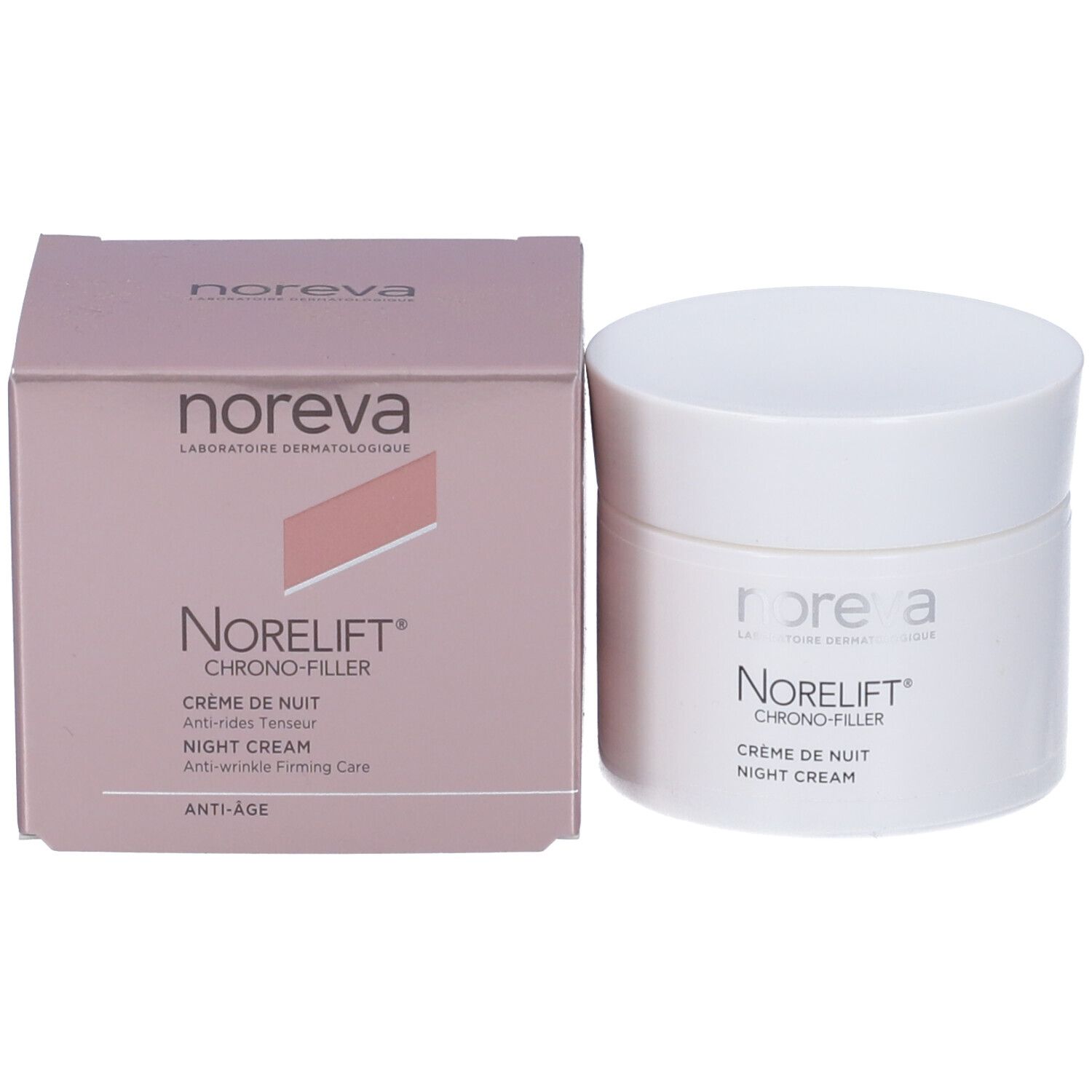 Confezione e vaso. Scritta: Noreva, Norelift, Crème de Nuit, Anti-Age.