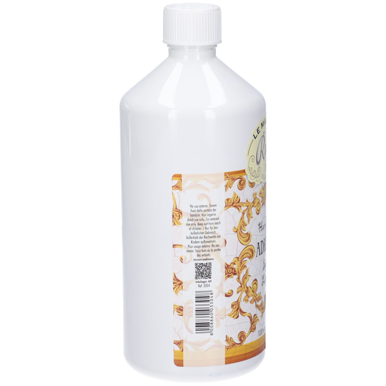 Flacone bianco con tappo bianco ed etichetta decorata con ornamenti dorati e testo.