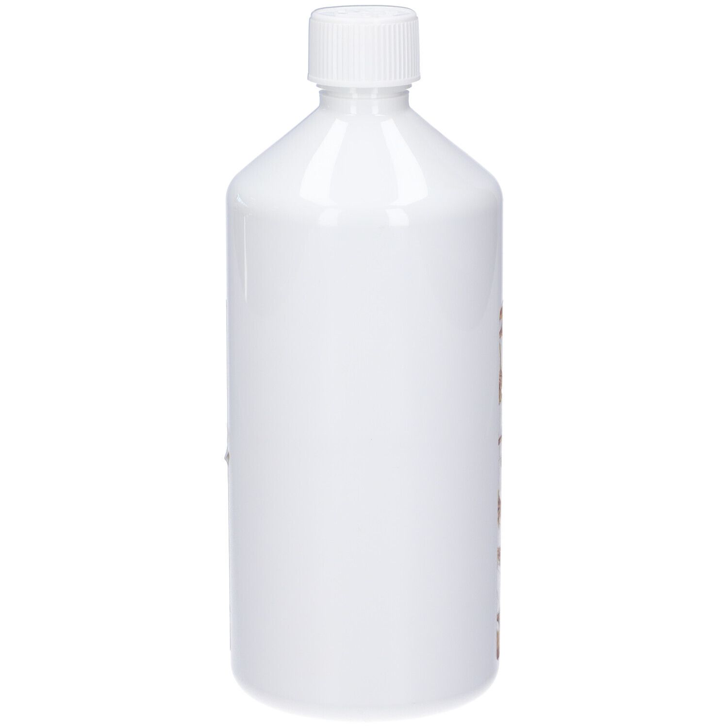 Flacone bianco in plastica con tappo a vite bianco.