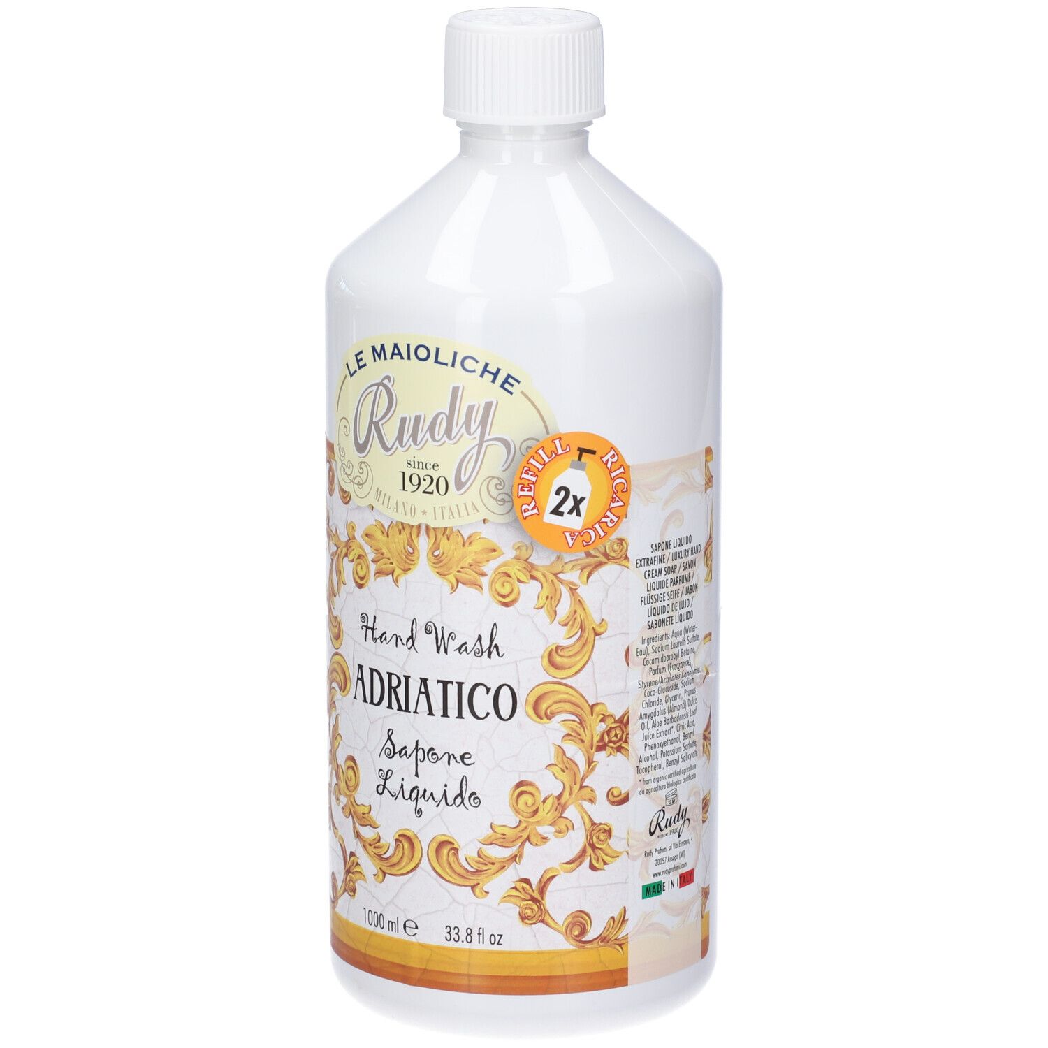 Flacone bianco di sapone liquido "Adriatico" di Rudy, 1000ml.