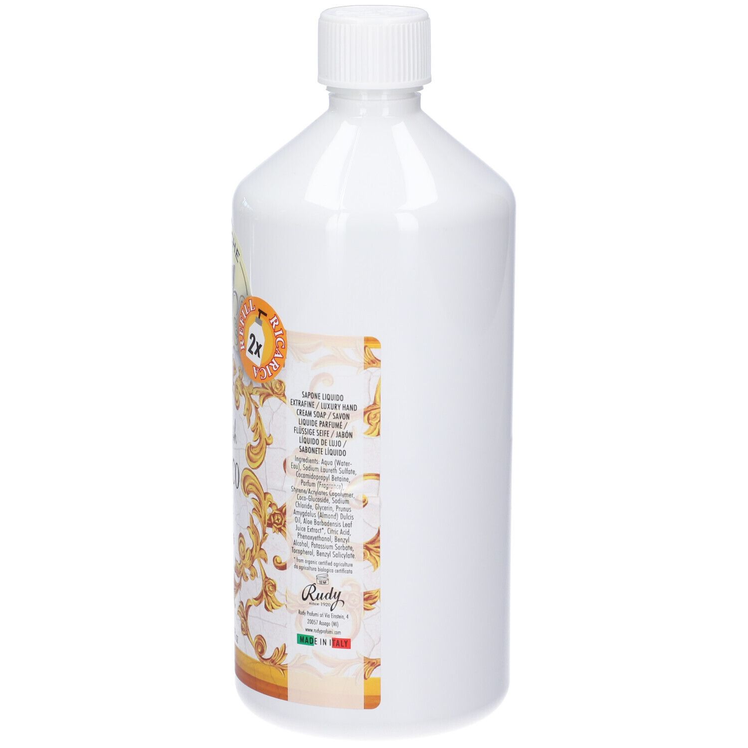 Flacone bianco con etichetta a motivo barocco dorato e scritta "Rudy".