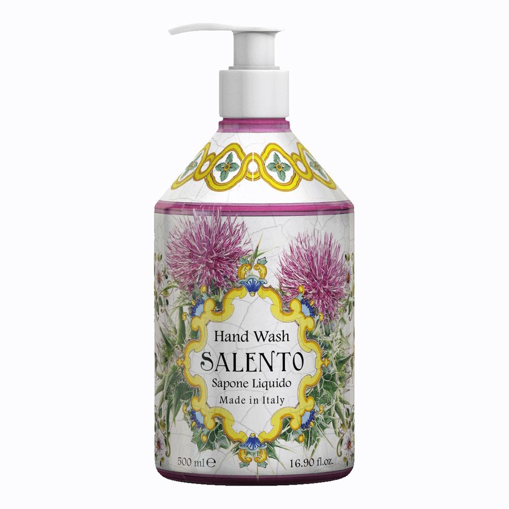 Flacone di sapone mani SALENTO con decorazioni floreali, dispenser. Made in Italy.