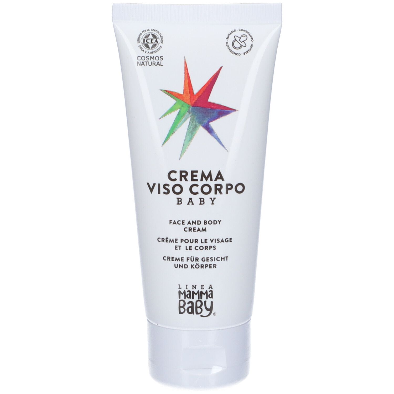 Tubo di crema bianco. Scritta: Crema Viso Corpo Baby. Marchio: Linea Mamma Baby. Certificazione Cosmos Natural.