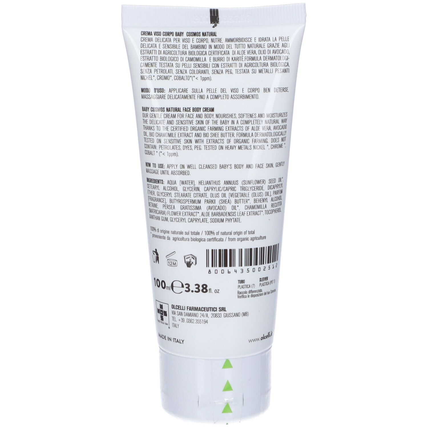 Retro del tubo. Testo: Baby Gentle Natural Face Body Cream. Ingredienti e istruzioni per l'uso. Certificazioni.