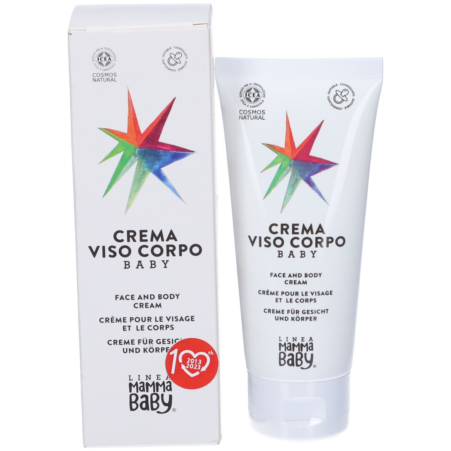 Crema e confezione. Scritta: Crema Viso Corpo Baby. Marchio: Linea Mamma Baby. Con logo anniversario.
