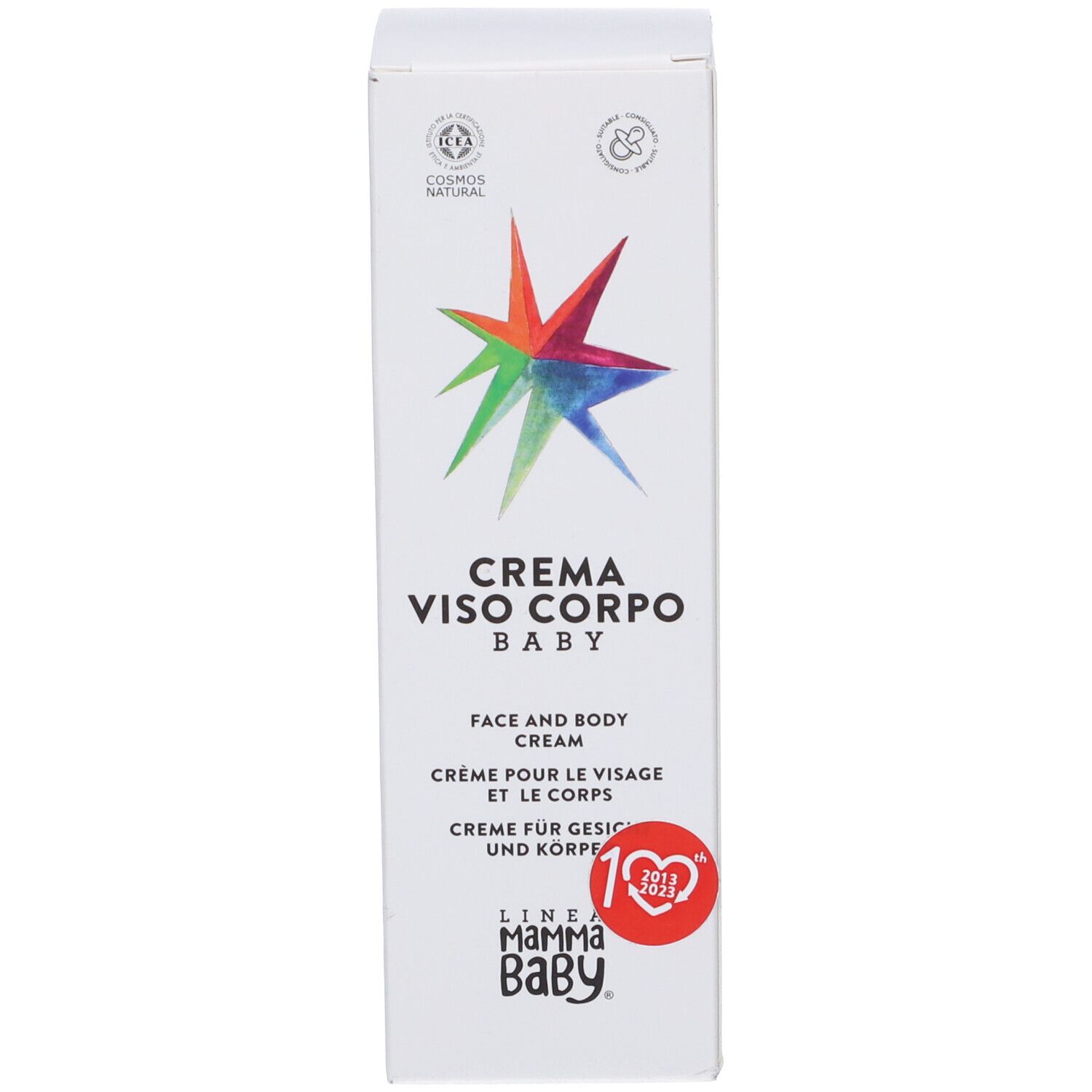 Confezione. Scritta: Crema Viso Corpo Baby. Marchio: Linea Mamma Baby. Con logo anniversario.