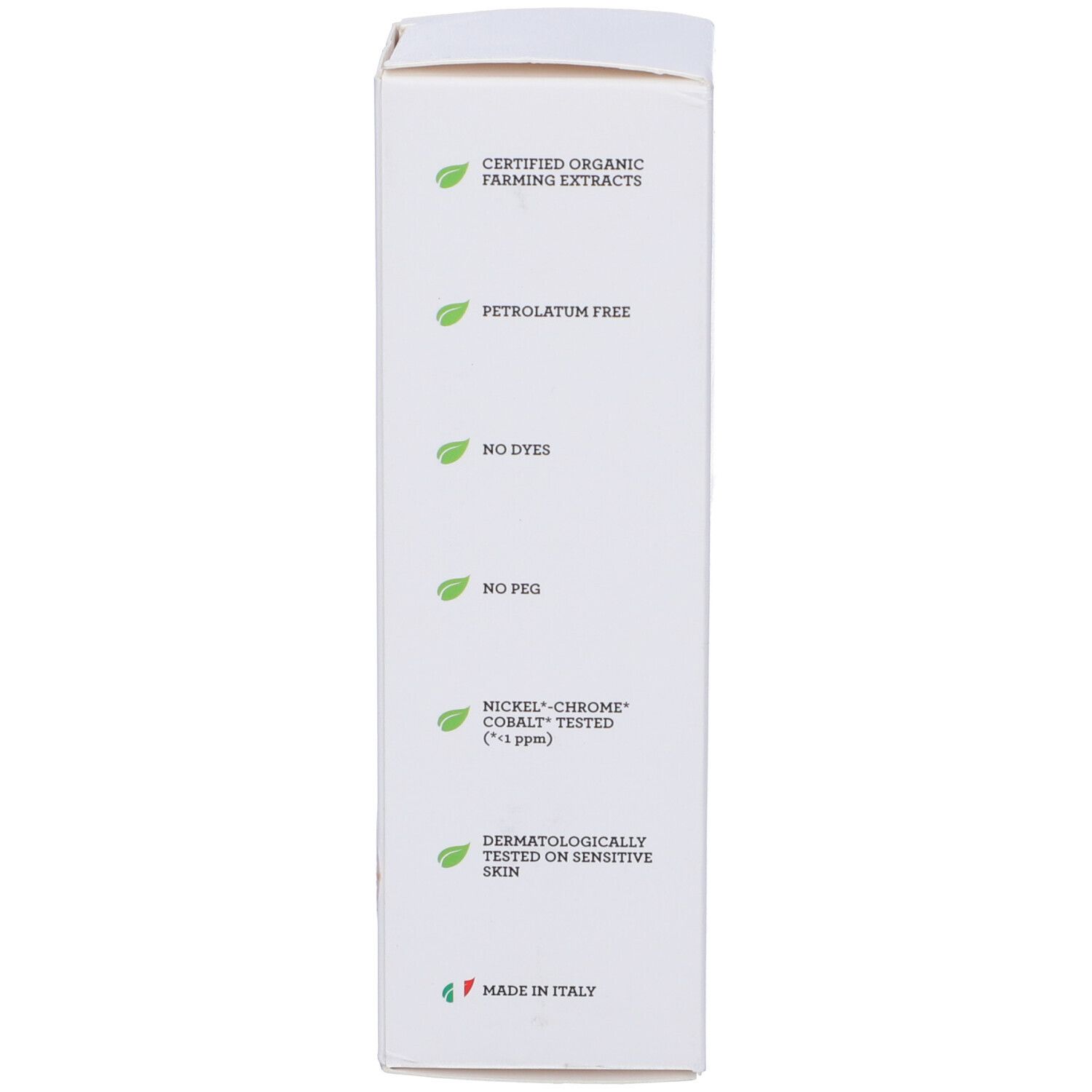 Confezione. Certificazioni: Certified Organic Farming Extracts, Petroleum Free, No Dyes, No PEG, Nickel-Chrome Cobalt Tested.