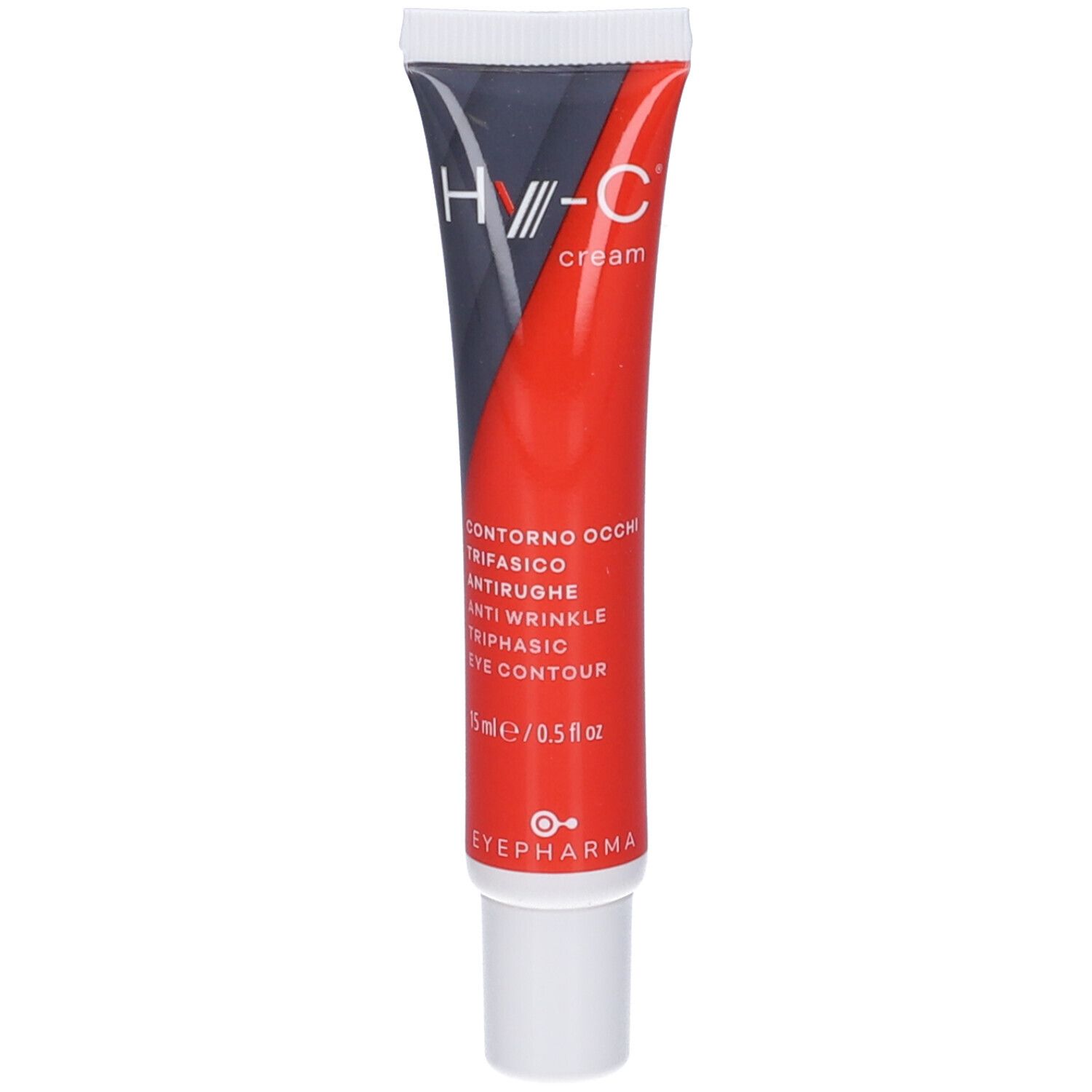Tubo con logo "H//-C cream" e informazioni sul prodotto. Sfondo rosso, tappo bianco. Contiene 15 ml.