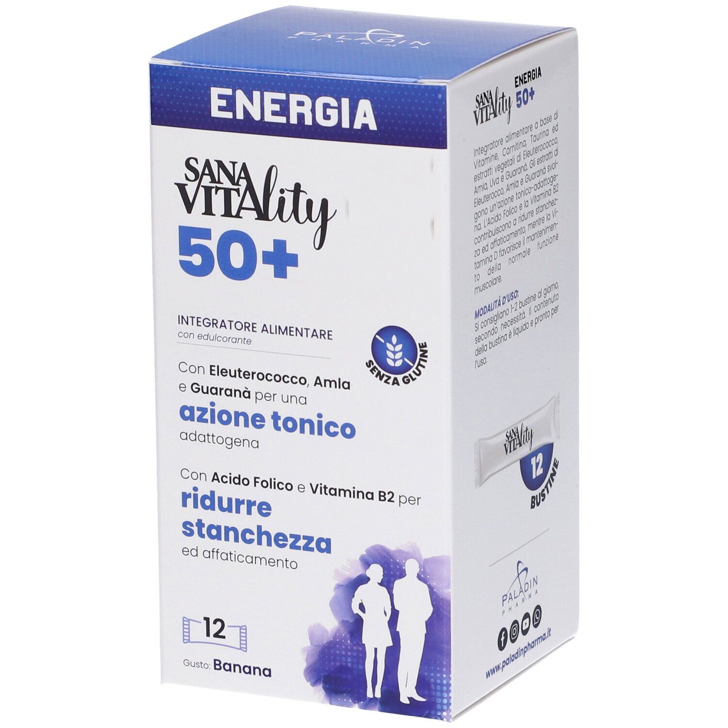Scatola Sanavitality Energia 50+. Contiene 12 stick pack. Scritte: Energia, Sanavitality 50+, Integratore Alimentare.