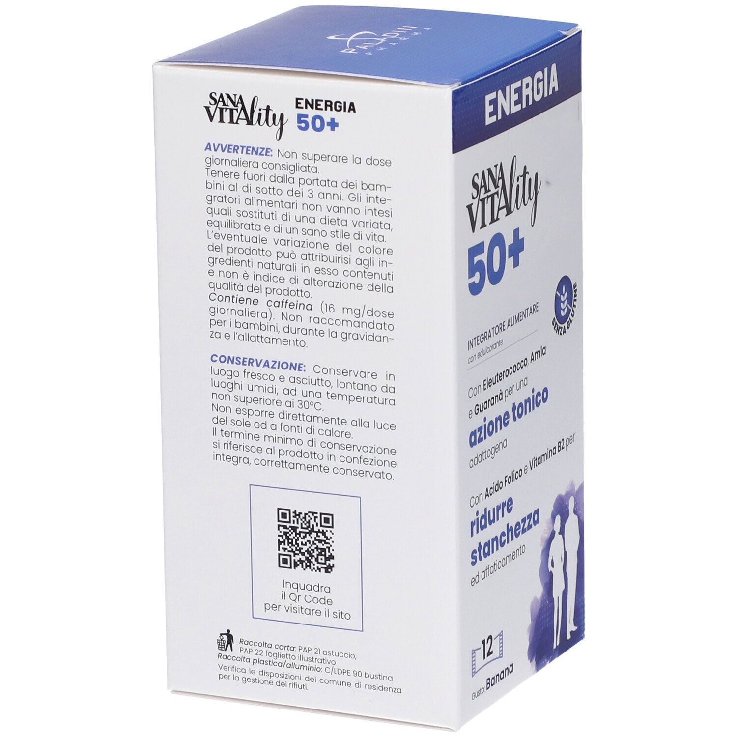 Retro della scatola Sanavitality Energia 50+. Contiene informazioni e codice QR. Scritta: Sanavitality 50+.