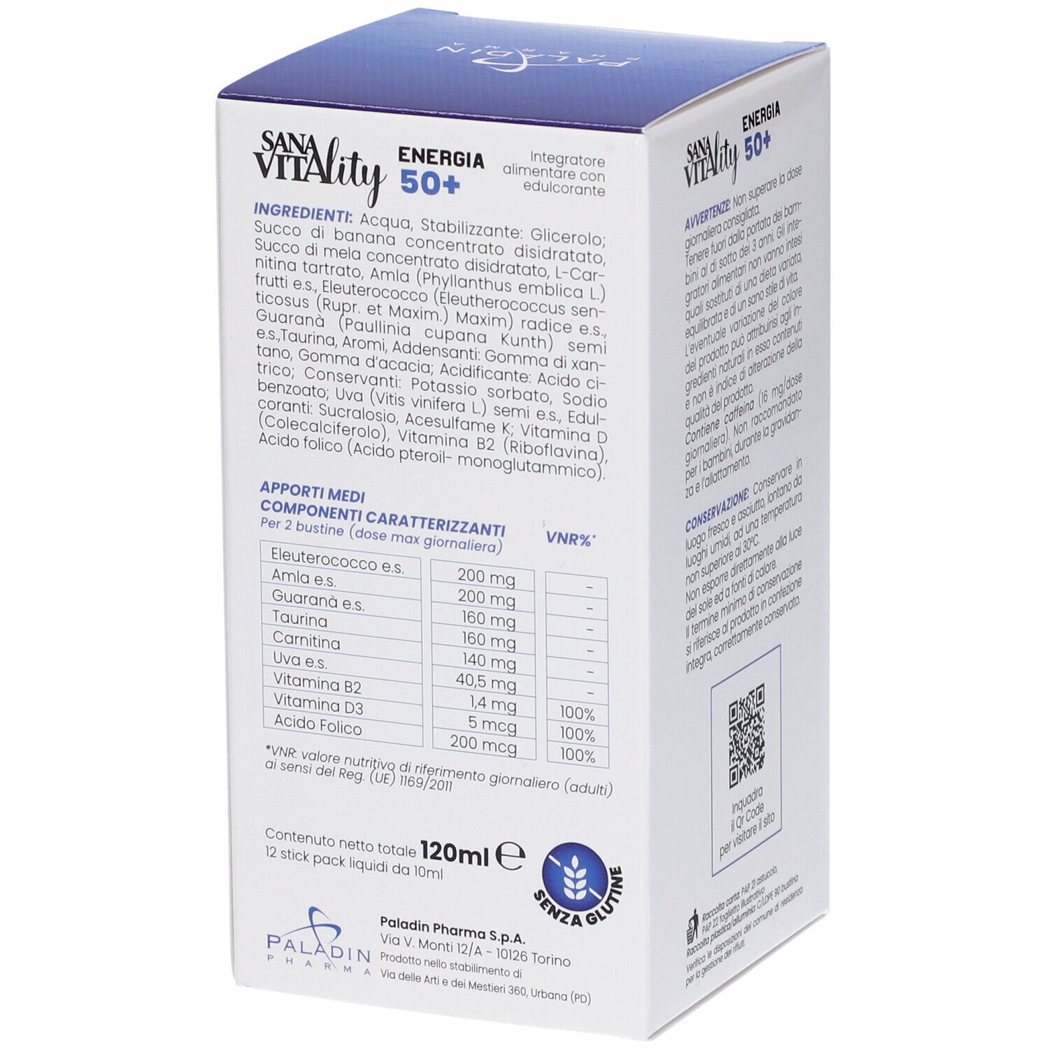 Retro della scatola Sanavitality Energia 50+. Contiene ingredienti e informazioni nutrizionali. Scritta: Sanavitality 50+.