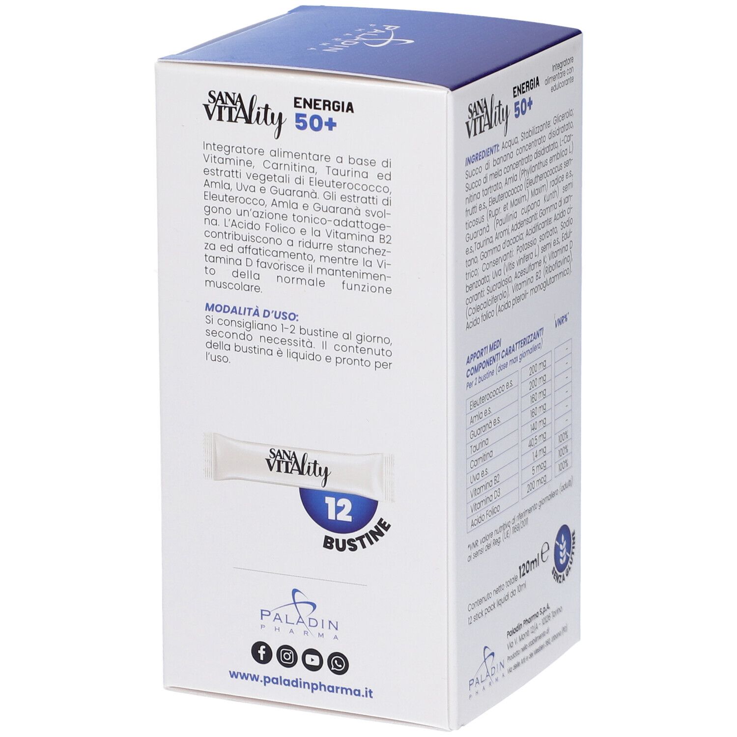 Retro della scatola Sanavitality Energia 50+. Mostra uno stick pack. Scritta: Sanavitality 50+.