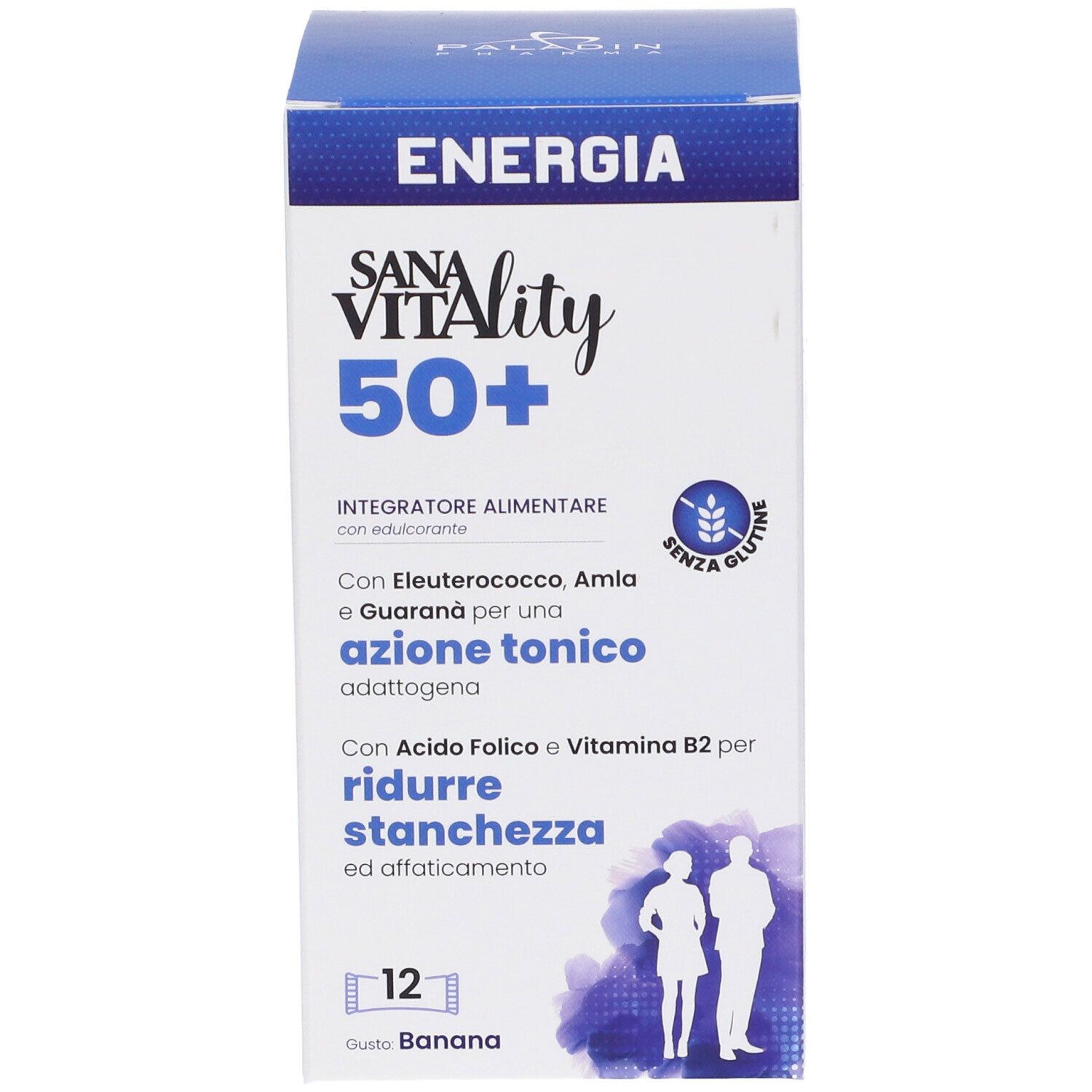 Scatola Sanavitality Energia 50+. Scritte: Energia, Sanavitality 50+, Integratore Alimentare. Contiene 12 stick pack.