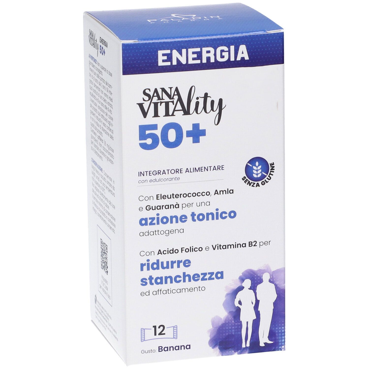 Scatola Sanavitality Energia 50+. Scritte: Energia, Sanavitality 50+, Integratore Alimentare. Contiene 12 stick pack.