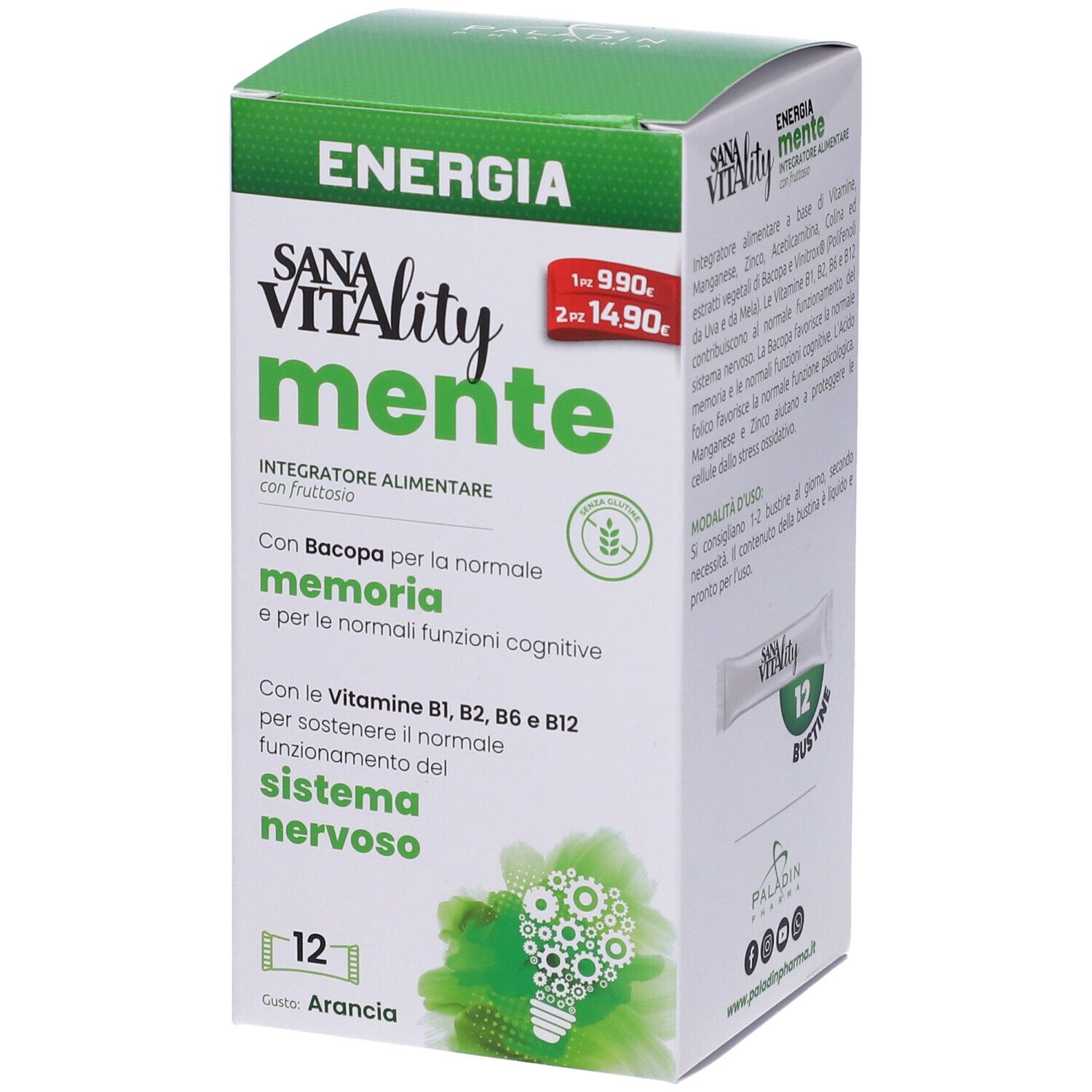 Retro della confezione Sanavitality Energia Mente. Ingredienti, informazioni nutrizionali e QR code. 12 stick.