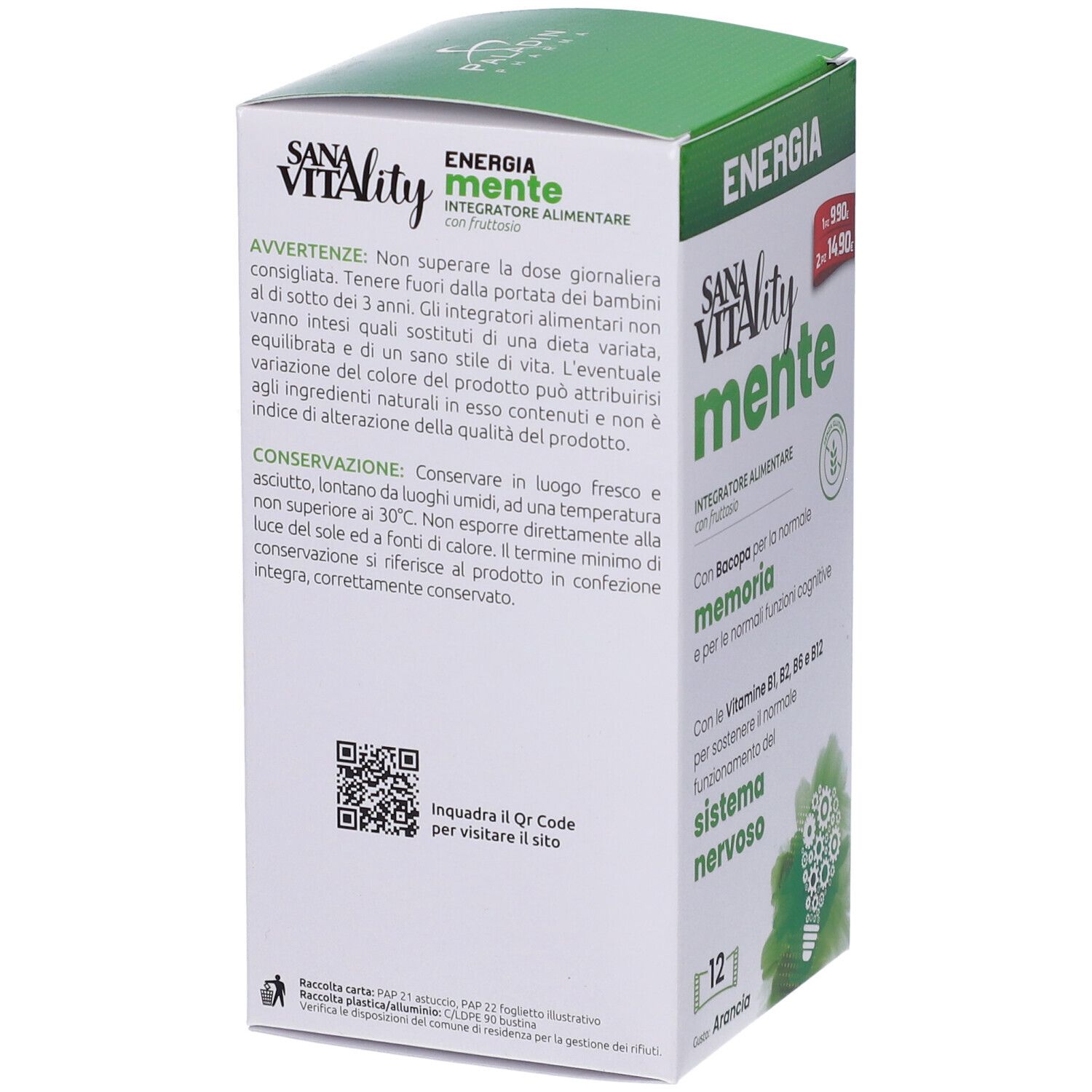 Retro della confezione Sanavitality Energia Mente. Ingredienti, informazioni nutrizionali e QR code. 12 stick.