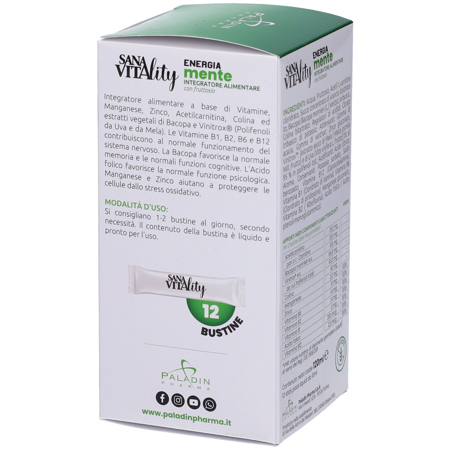 Lato della confezione Sanavitality Energia Mente. Informazioni per l'uso e immagine di uno stick. 12 stick.