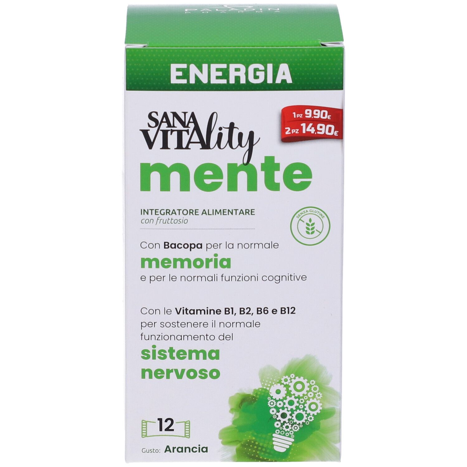 Fronte della confezione Sanavitality Energia Mente. Scatola verde e bianca con nome e dettagli. 12 stick.