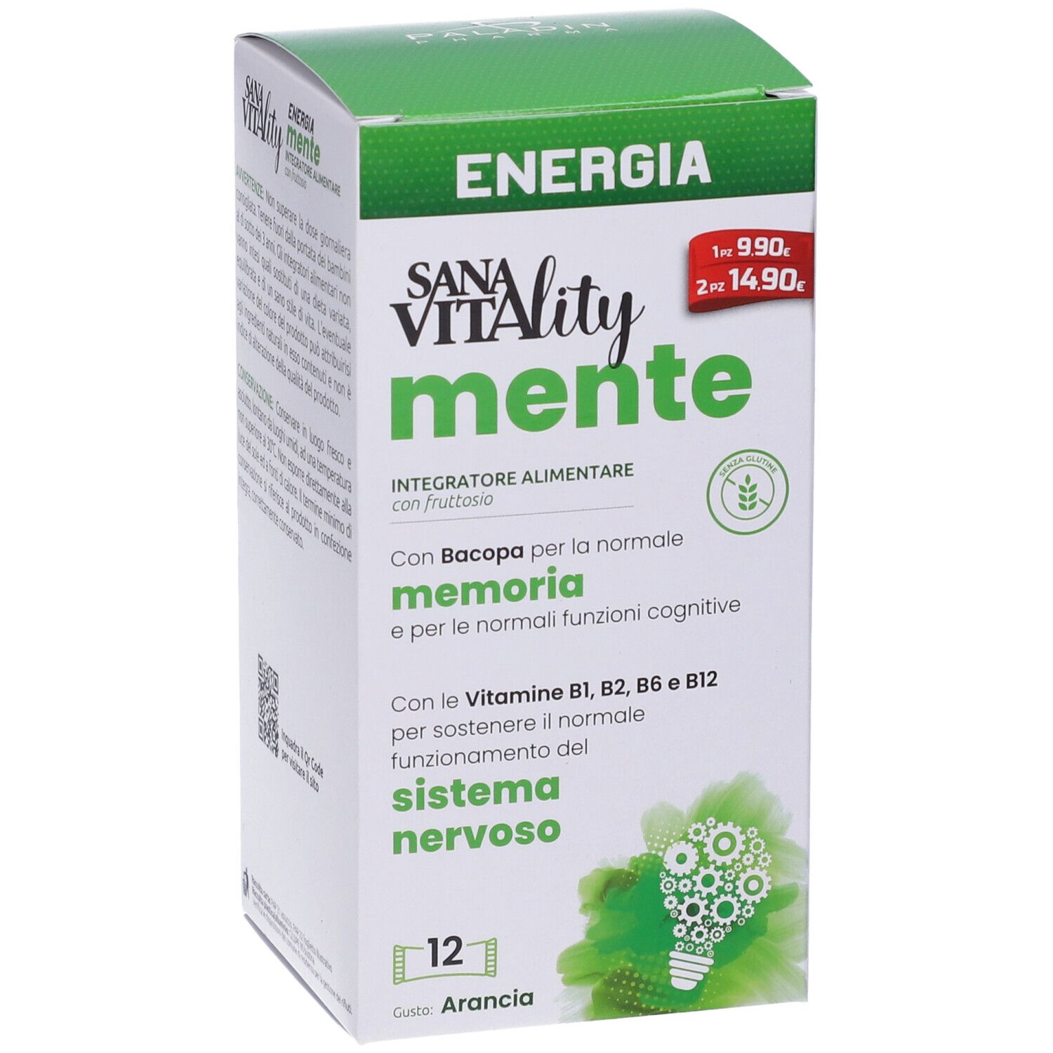 Fronte della confezione Sanavitality Energia Mente. Scatola verde e bianca con nome e dettagli. 12 stick.