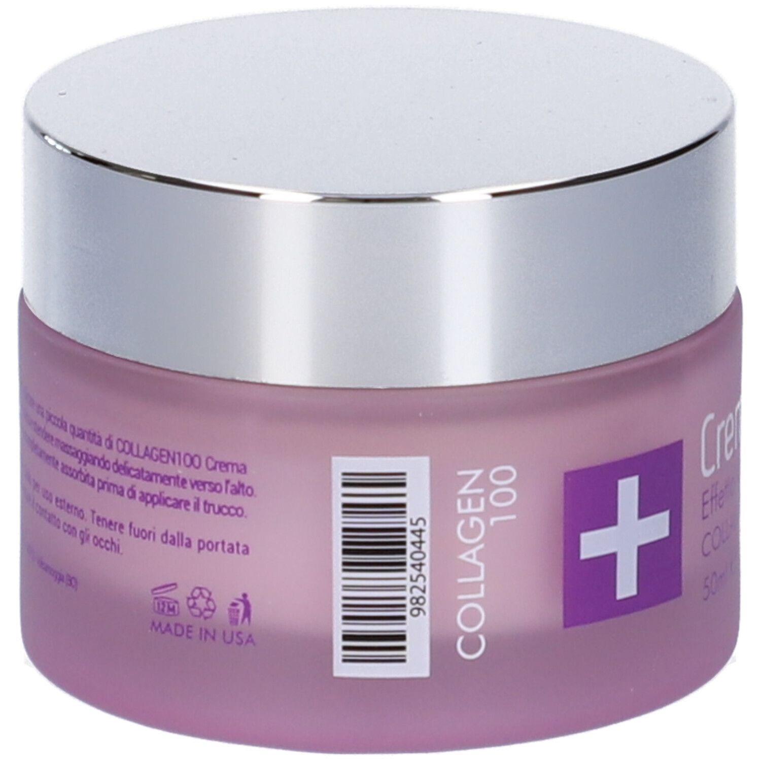 Retro di un vaso di crema rosa con coperchio argentato. Codice a barre e testo. Scritta: Collagen 100, Crema Viso. Logo: croce bianca.