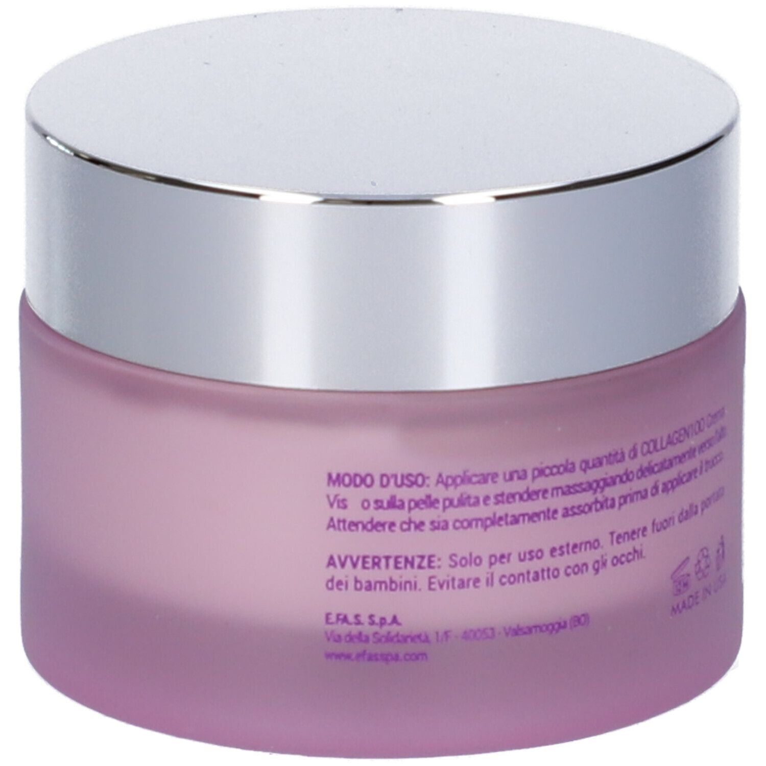 Retro di un vaso di crema rosa con coperchio argentato. Testo con istruzioni per l'uso e avvertenze. Made in USA.