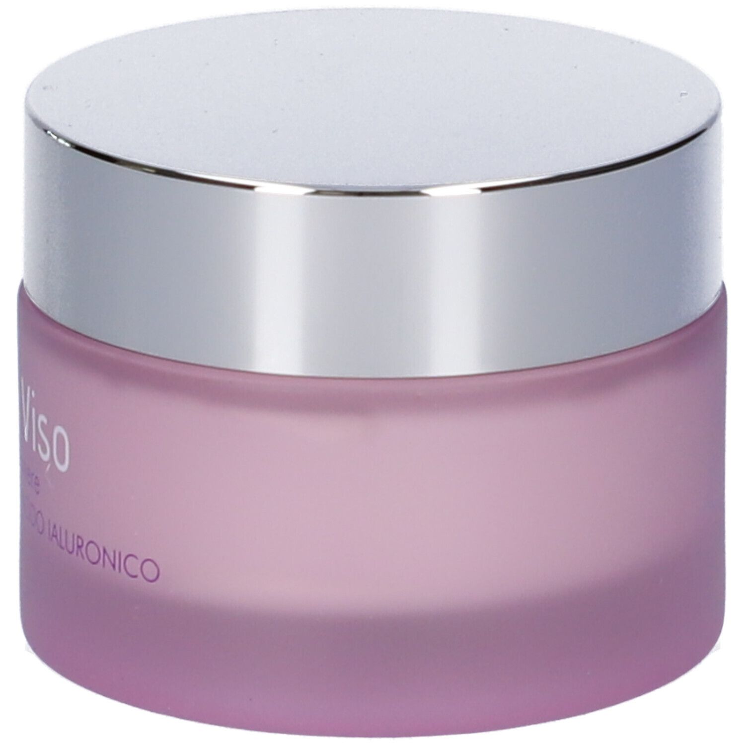 Vaso di crema rosa con coperchio argentato. Scritta: Crema Viso, Collagene & Acido Ialuronico. Logo: croce bianca.